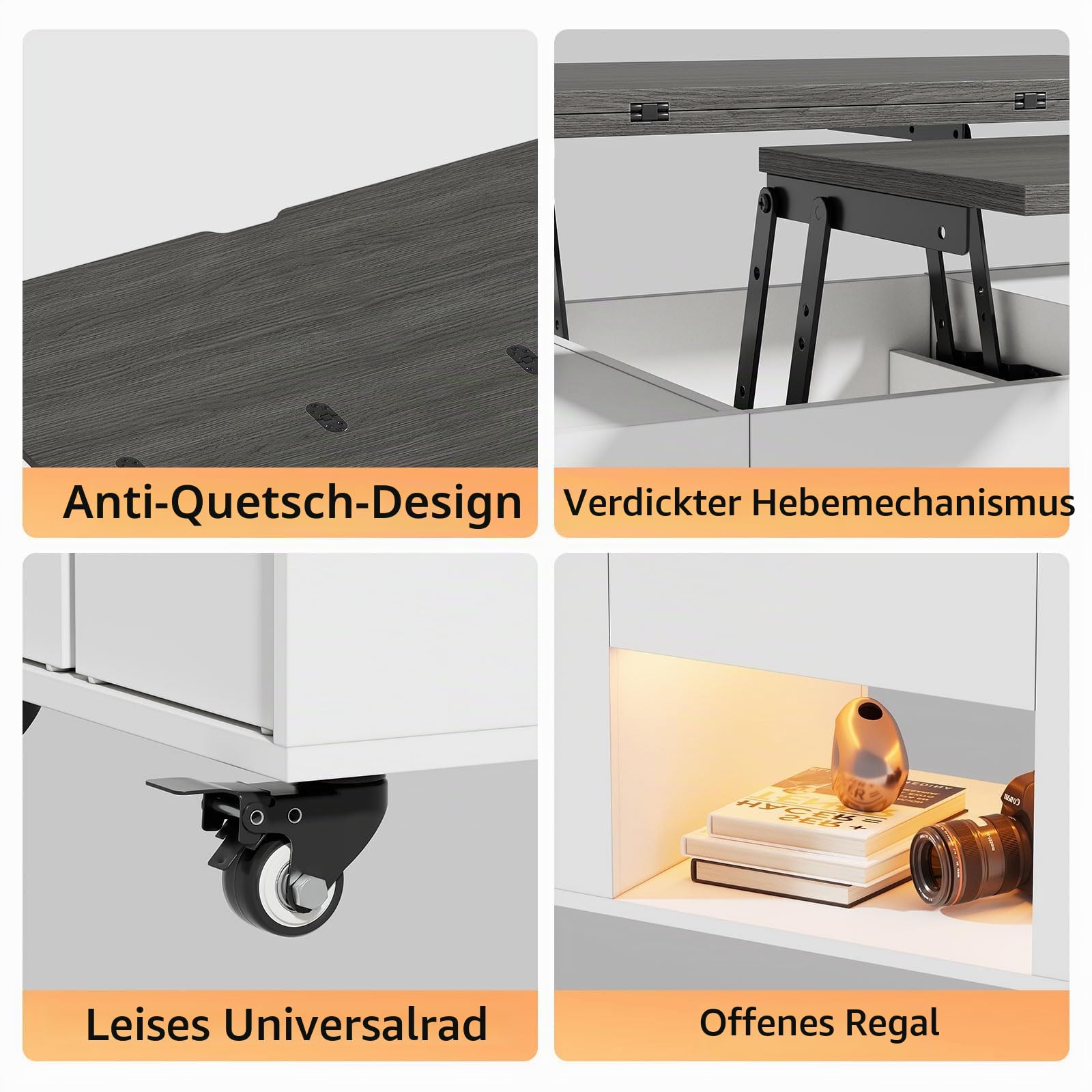 Couchtisch Umwandelbar in Wohnzimmer-Esstisch 4 in 1 Multifunktions-Wohnzimmertisch mit Stauraum & 4 Hockern Couchtisch Höhenverstellbar mit LED-Beleuchtung & Geräuscharmes Universalrad, Grau+Weiß