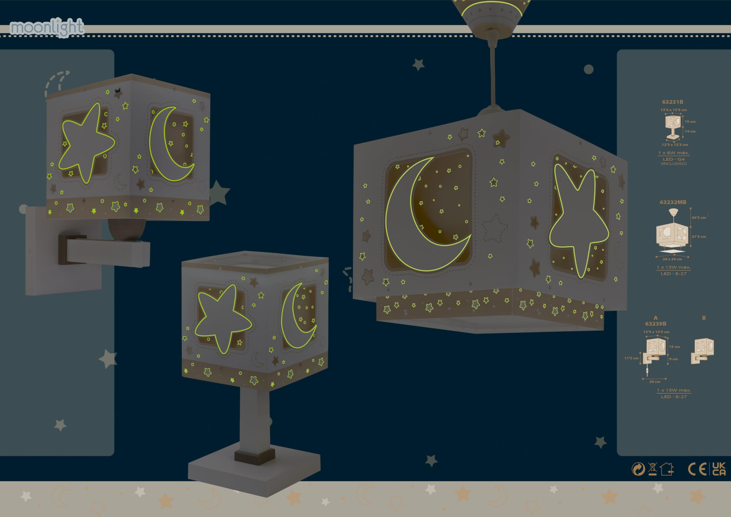 Dalber Lámpara Techo Colgante Infantil Luna y Estrellas Beige 63232MB E27 | Incluye difusor de luz inferior extraible; Habitación niños; lámparas infantiles; Moonlight