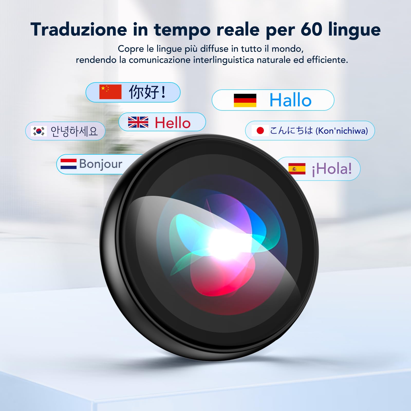 AI Badge - Traduttore vocale con 60 lingue in tempo reale, Bluetooth 6.0, Smart E-Badge portatile con schermo LCD HD touch screen, traduttore vocale per viaggi, affari
