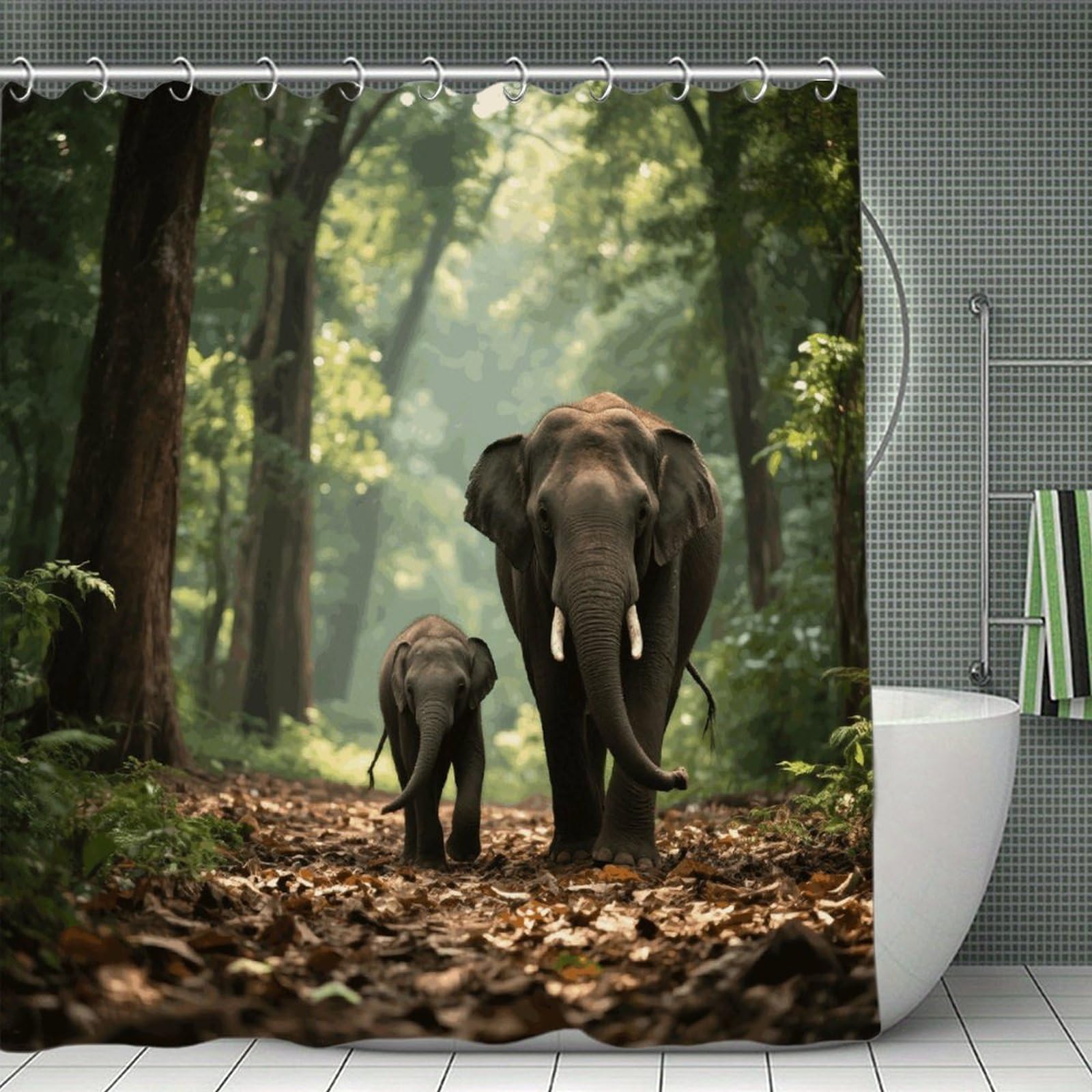 VstaDank Elephants Shower Curtain Waterproof Bathroom Shower Curtain with C Type Hooks Soft Lightweight Shower Curtains Liner Washable Polyester Cloth Shower Liner 71x71 Inch