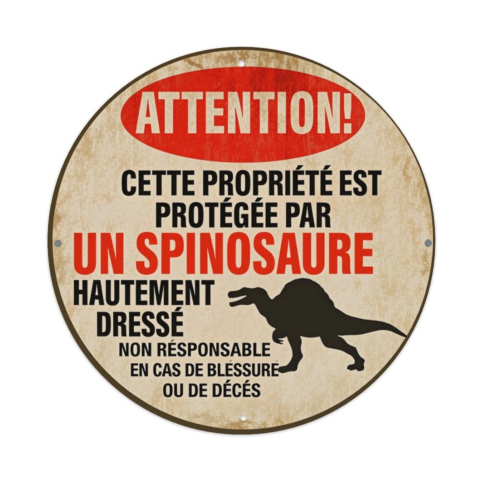Attention Spinosaurus Warning Sign Dinosaur Round Tin Sign Retro Metal Sign for Cafe Bar Pub Home Game Room Gym Club Wall Decoration Vintage Metal Poster 8x8 Inch