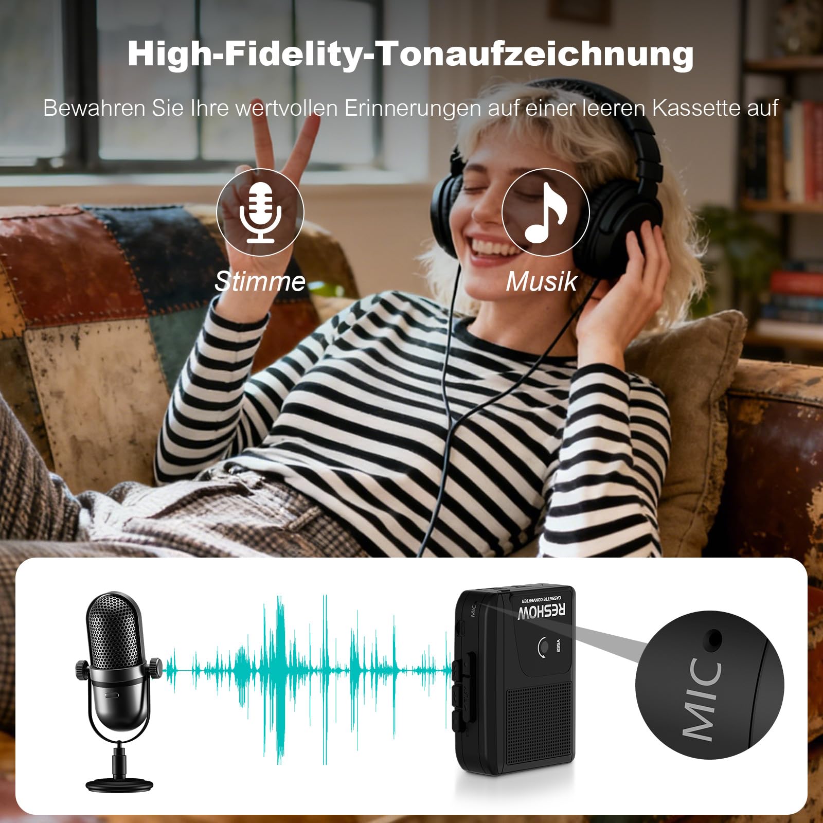 Reshow Registratore a cassette portatile con microfono integrato e altoparlante convertitore USB MP3 nero