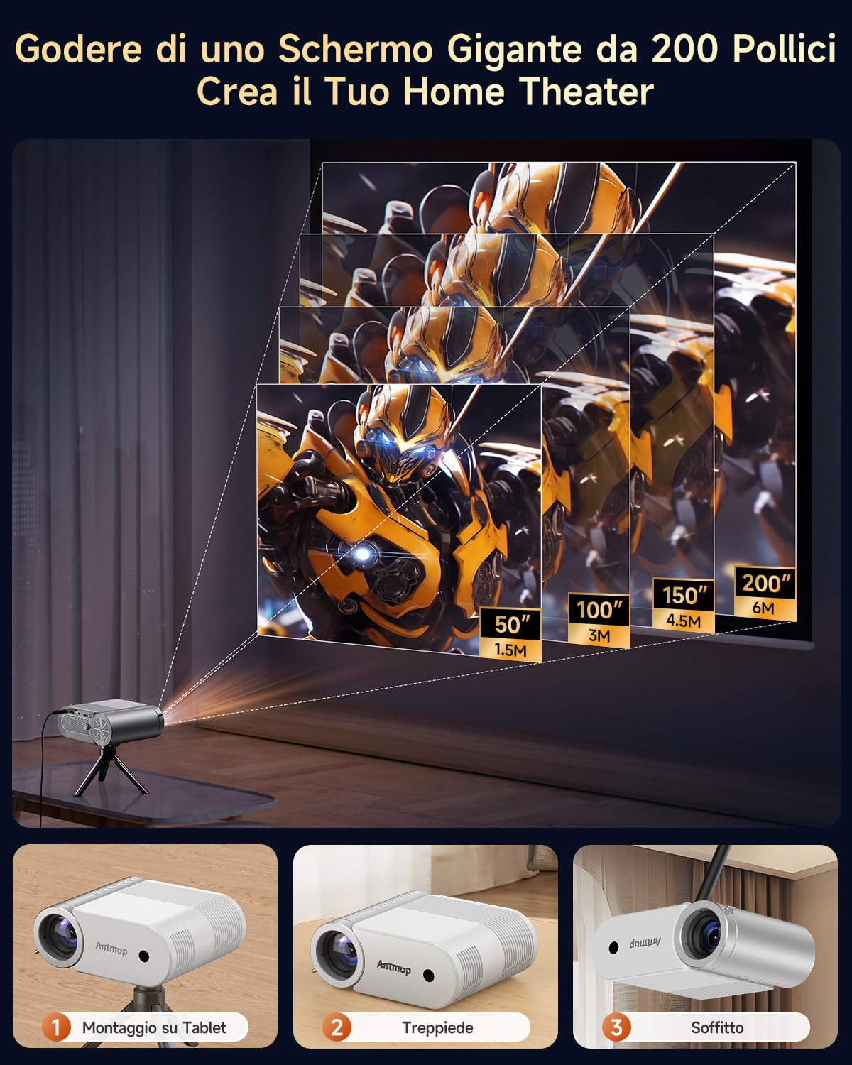 Mini Proiettore WiFi e Bluetooth, Proiettore Portatile Home Cinema 1080P per Telefono, 200” Home Theater per Camera da Letto per iPhone/HDMI/USB/TV Stick