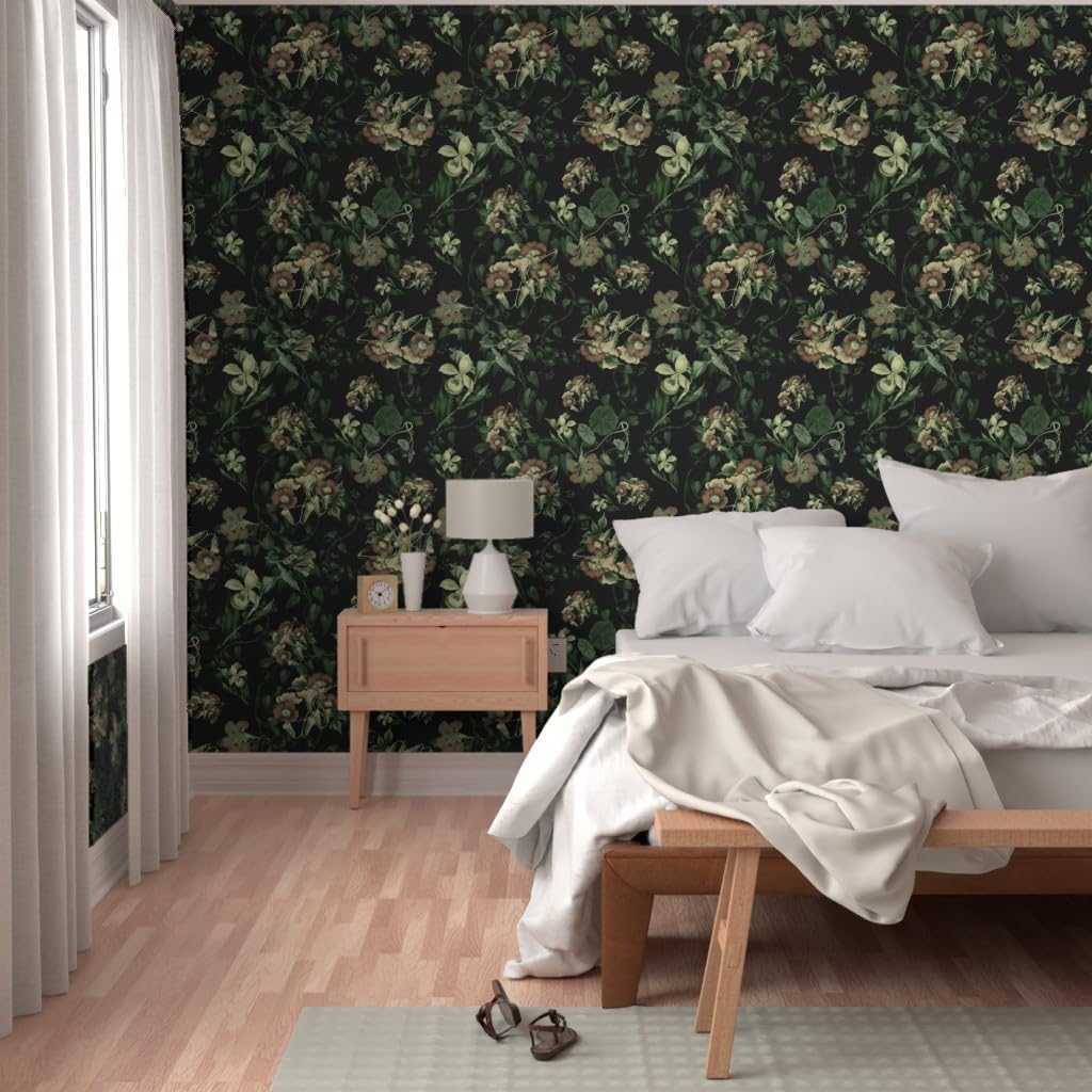 Peel & Stick Wallpaper 12ft x 2ft - Floral Green Vintage Style Flowers Nature Old Custom Removable Wallpaper by Spoonflower