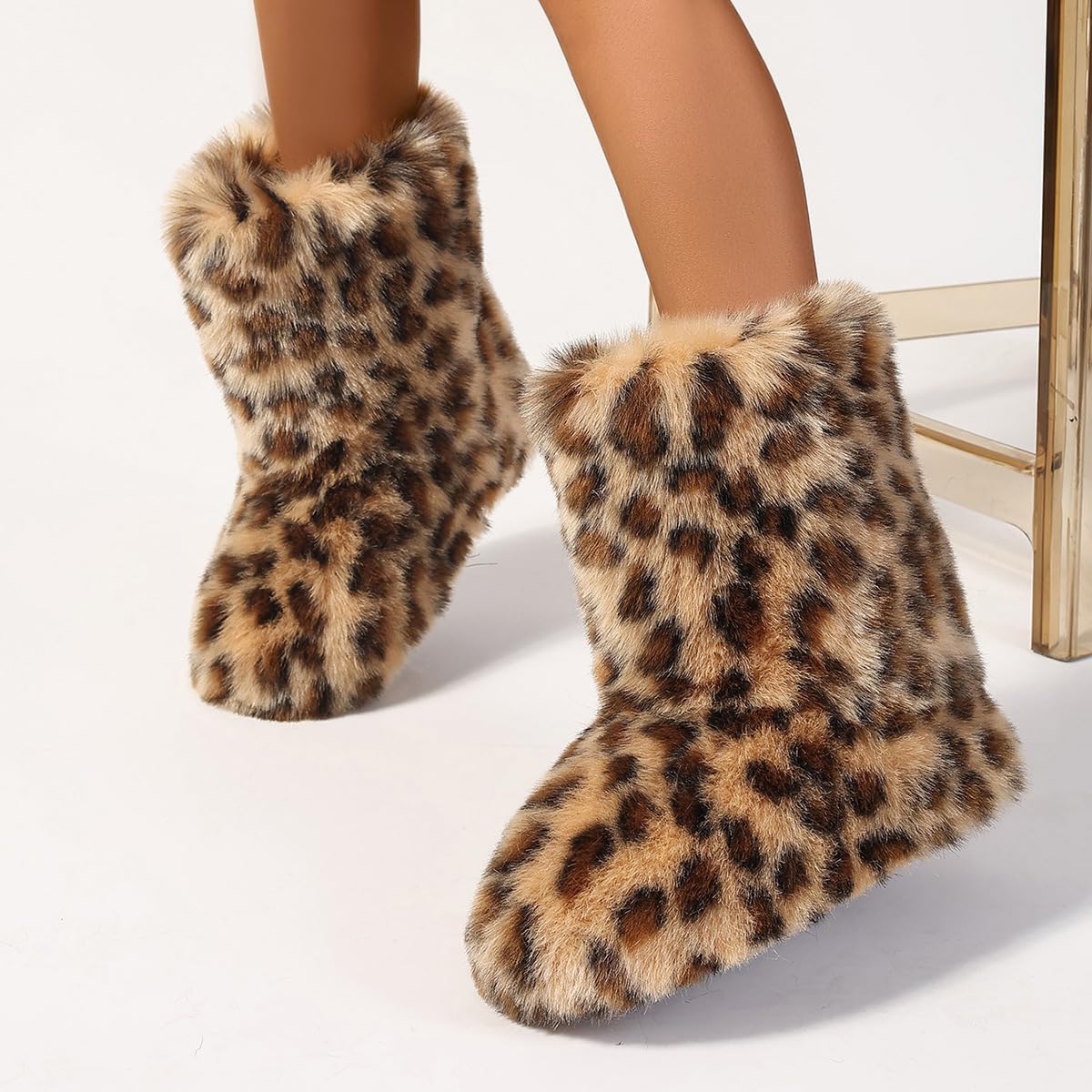 Women's Leopard Print Snow Boots, Fashionable Slip-on Plush Lined Winter Boots, Comfortable Mid-calf Boots. Iceland Boots