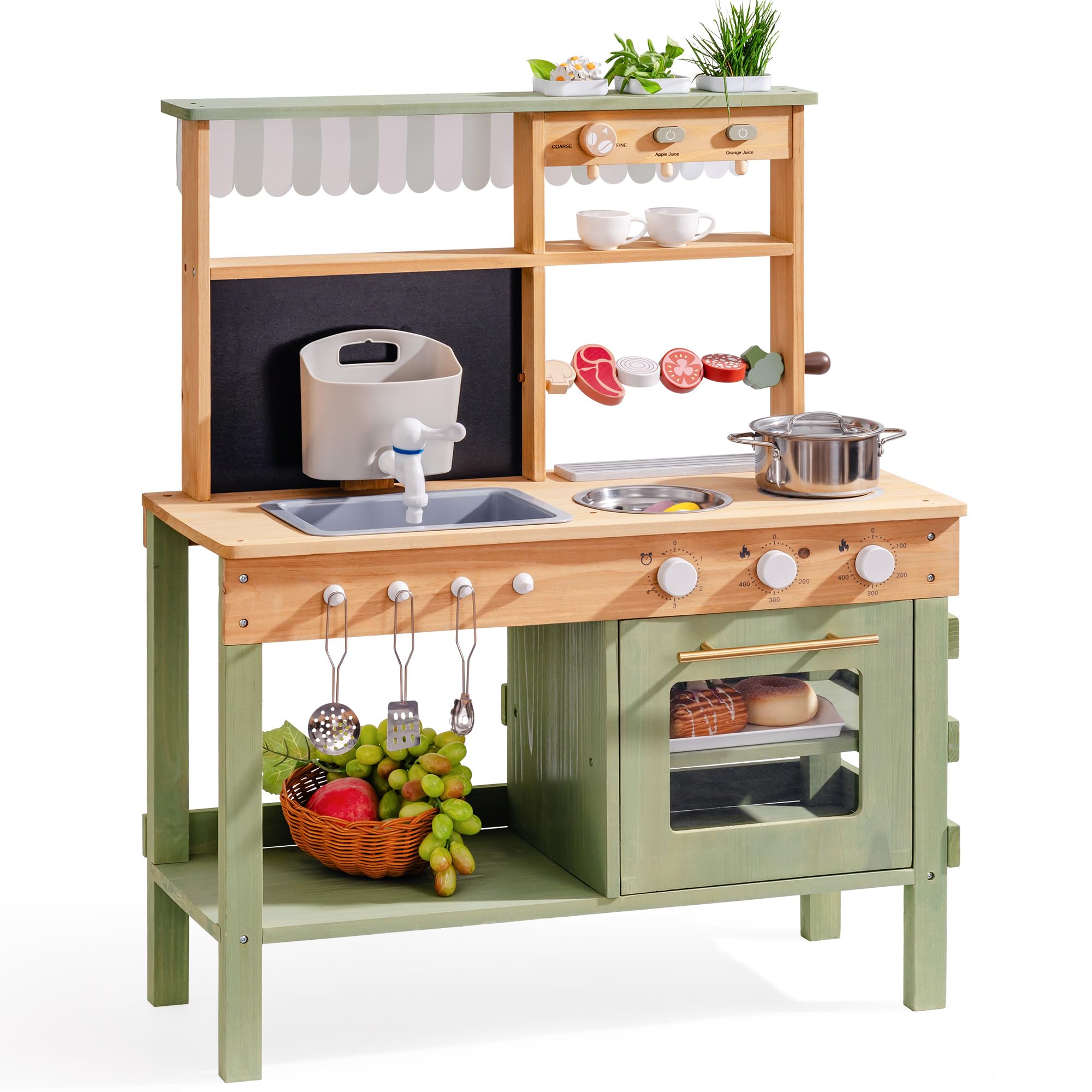 ROBOTIME Mud Kitchen for Kids, Outdoor Wooden Playset with Mud Kitchen, Sink, BBQ Grill, Coffee Maker, Planting Area & Oven, Pretend Play Kitchen for