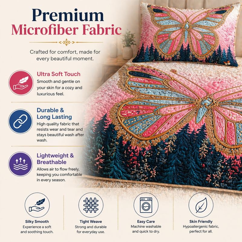 Image of Akshya Double Bedsheet King Size (90x100 Inch) with 2 Pillow Covers | 300 TC Microfiber Soft Bedsheet | Pink Butterfly Floral Printed Bedsheet for Double Bed