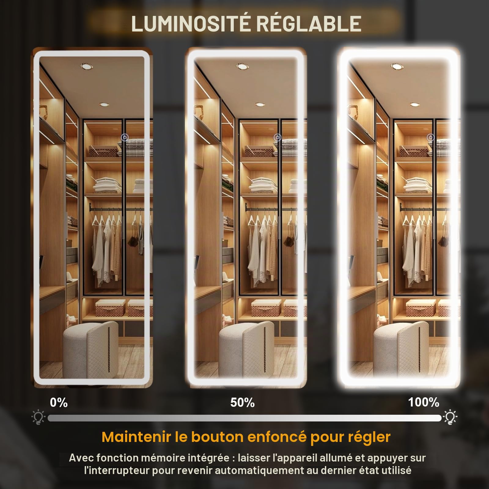 Miroir Pleine Longueur 164 x 60 cm avec éclairage LED, Verre de sécurité, Variateur d'intensité, Miroir sur Pied