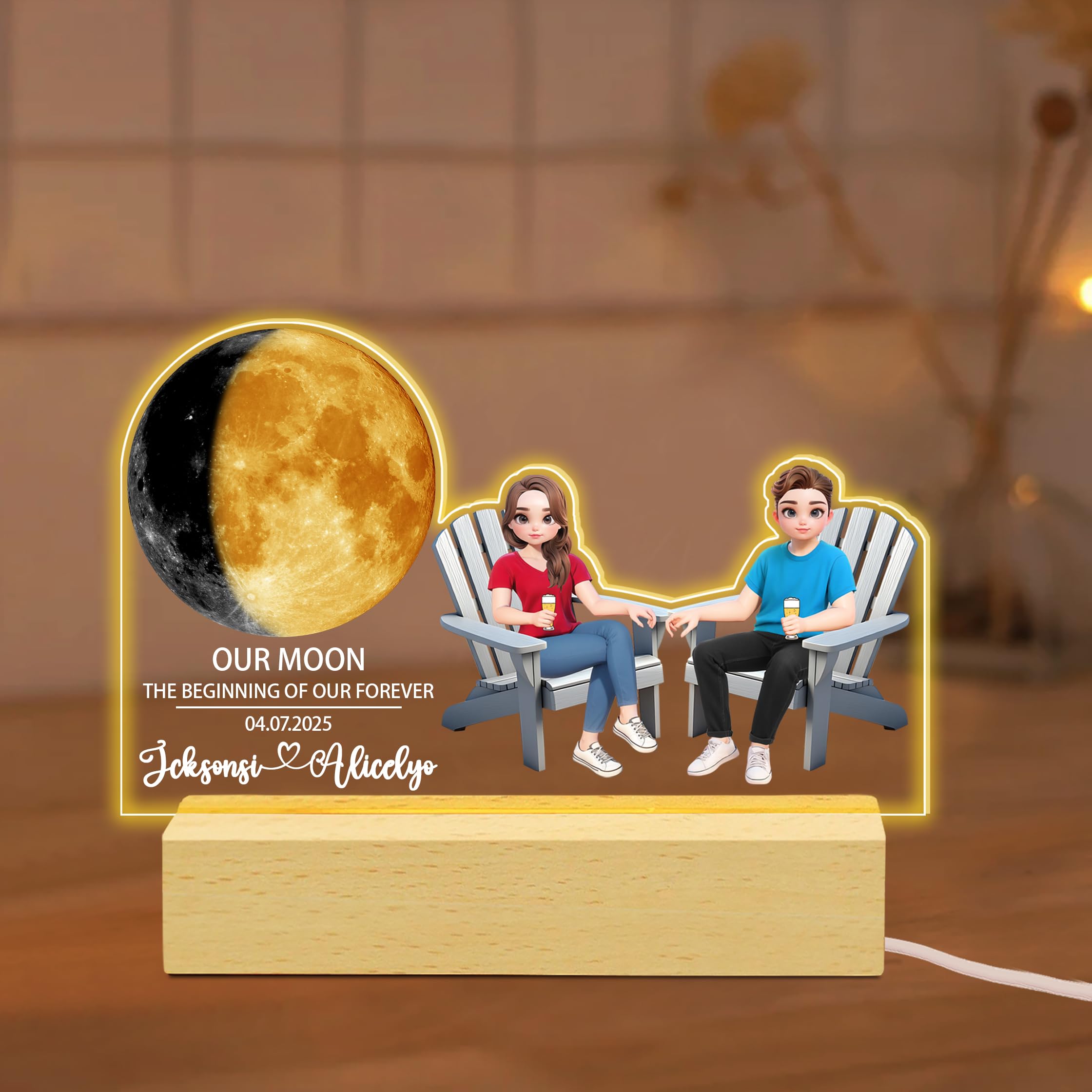 Personalized Couple Moon Phase LED Lamp Custom Couple Portrait Lunar Print Art Night Light Our Moon Special Day Frame Light Gift for Valentine's Day Anniversary Birthday Christmas,01