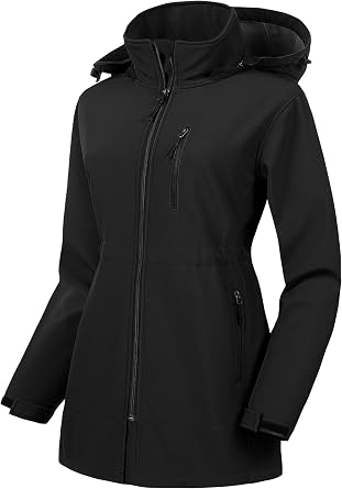 CREATMO US Womens Plus Size Long Softshell Jacket Waterproof Fleece Lined Rain Jacket Lightweight Windbreaker With Hood