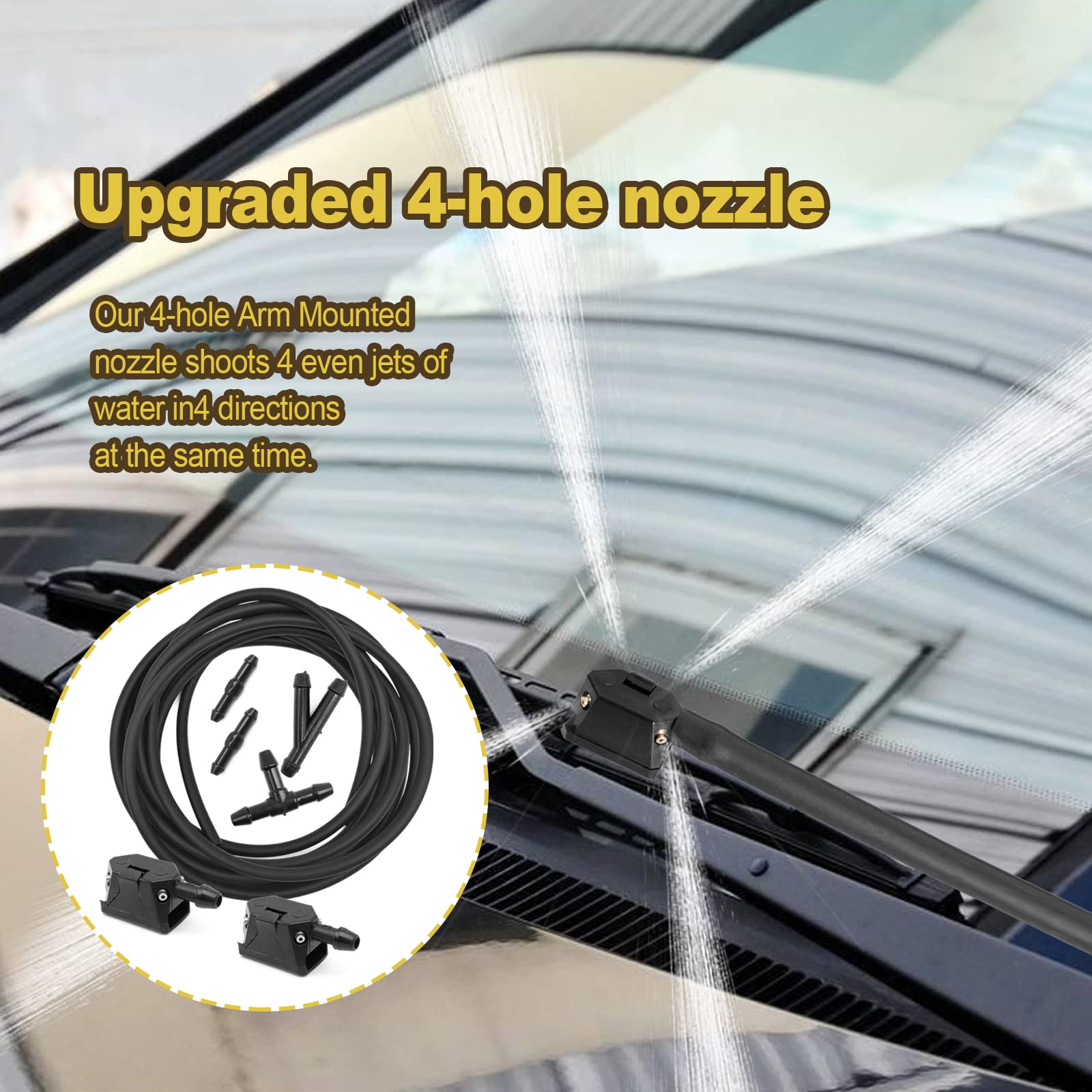 8mm Universal 4-Hole Windshield Washer Nozzle Kit - Includes 4M Hose, 4 Connectors & 2 Nozzles For Most Cars