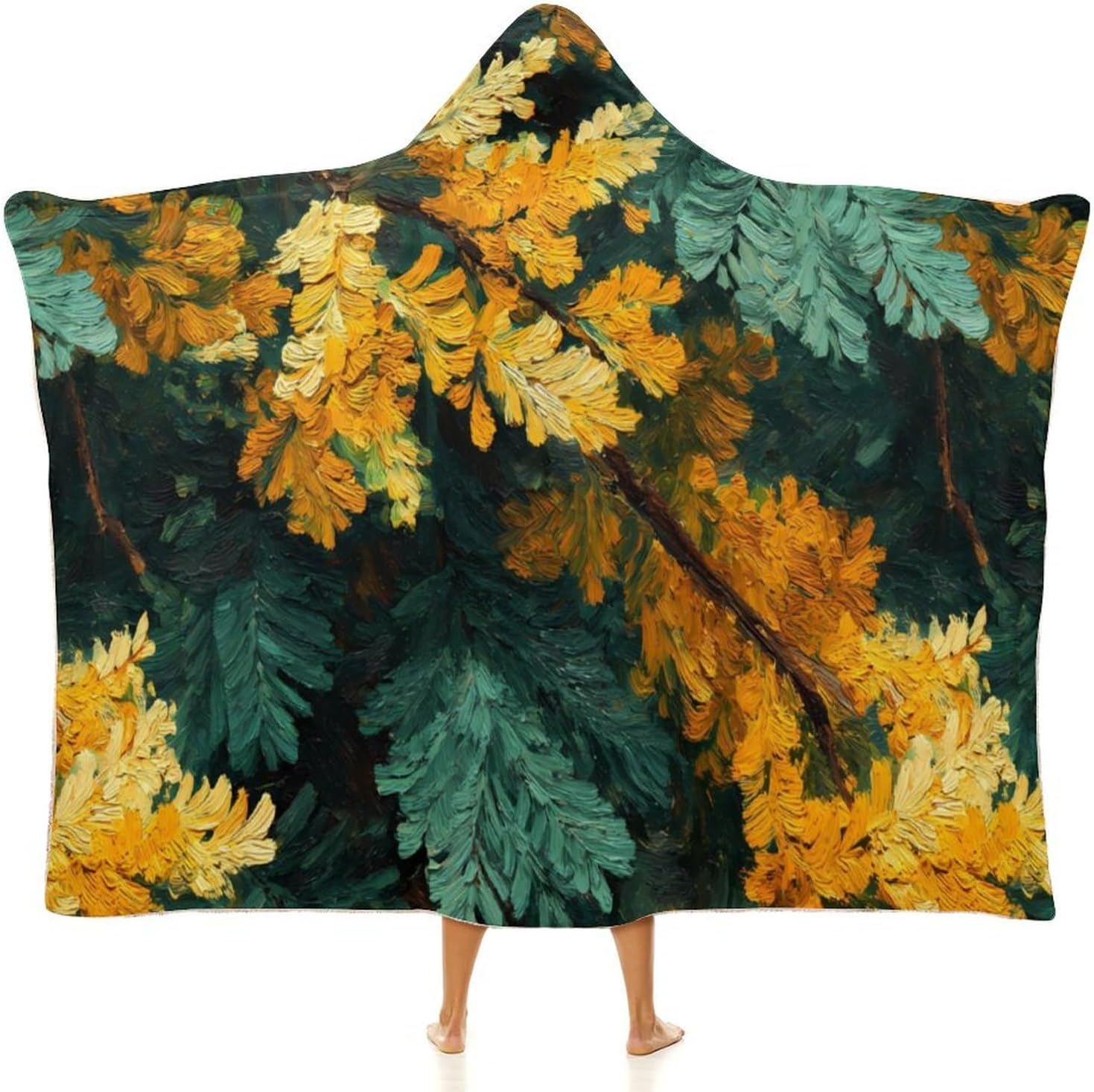 Acacia Tree Leaves Wearable Blanket Hoodie | Flannel Fuzzy Machine Washable Home Camping Lounging