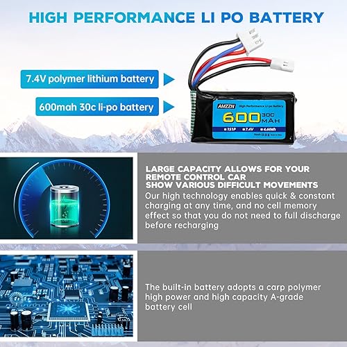 Miniatura 5 de Batería Lipo de 7.4V 600mAh 30C 2S con enchufe Molex y cargador USB, batería de juguete RC para autos FMS FCX24 RC, camiones, vehículos eléctricos