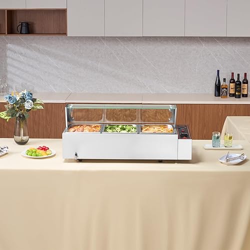 Miniatura 8 de VEVOR Calentador de alimentos comercial de 3 bandejas, mesa de vapor eléctrica de 8 cuartos de galón con cubierta de vidrio, encimera de 1500 W de
