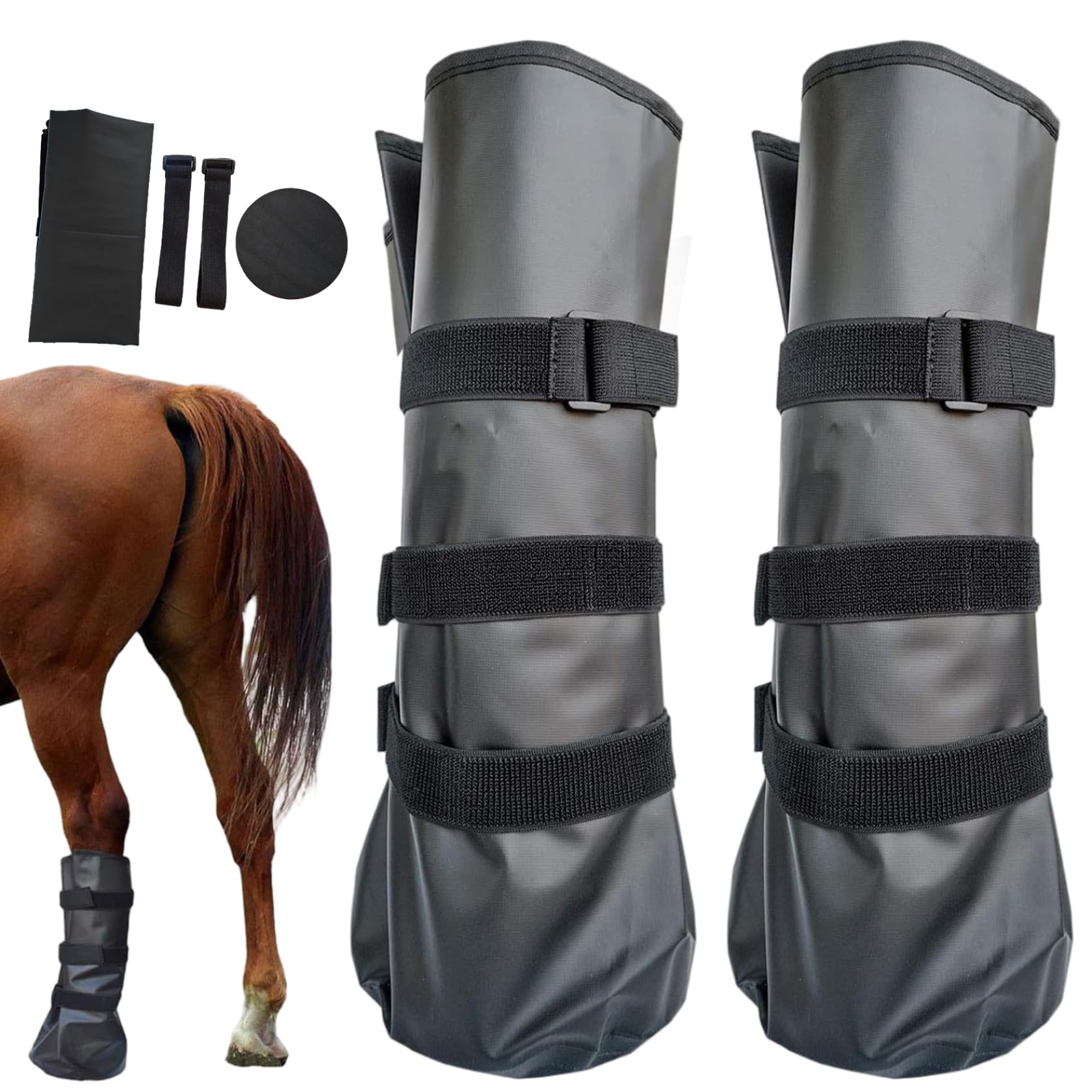 2PCS Horse Boots Reusable PVC Hoof Shoes with Adjustable Strap for Ice Soaking Wounds Infections Protective Horse Ice Boots 20x8in, Black