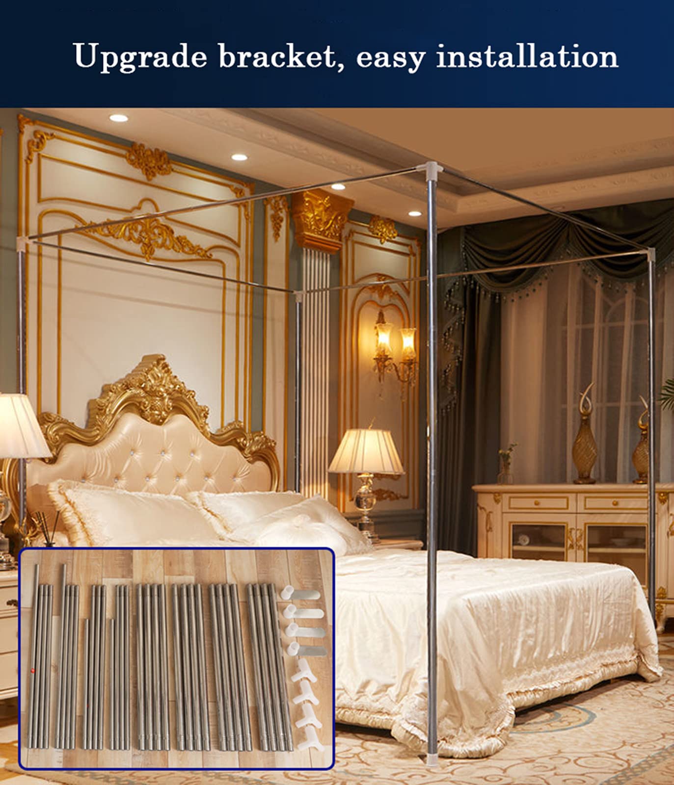Himmelbetthimmel für Mädchen, Himmel für Schlafzimmer, Prinzessinnen-Bettvorhänge, Baldachin mit doppelter Stickerei, Spitze, Moskitonetz, Verdunkelung, King-Size-Betthimmel mit Metallhalter