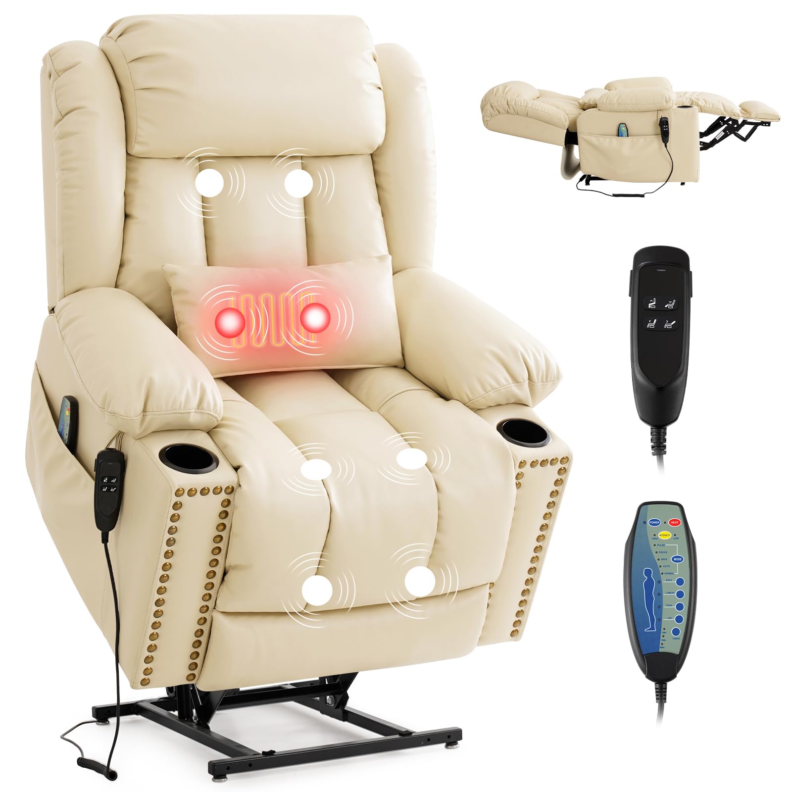 DUANDUAN 2 Motoren Relaxsessel Elektrisch mit Liegefunktion, Massagesessel Fernsehsessel mit Aufstehhilfe, 180°Verstellbar Liegesessel mit Schlaffunktion, Verlängerte Fußstütze, Massageheizung, Beige