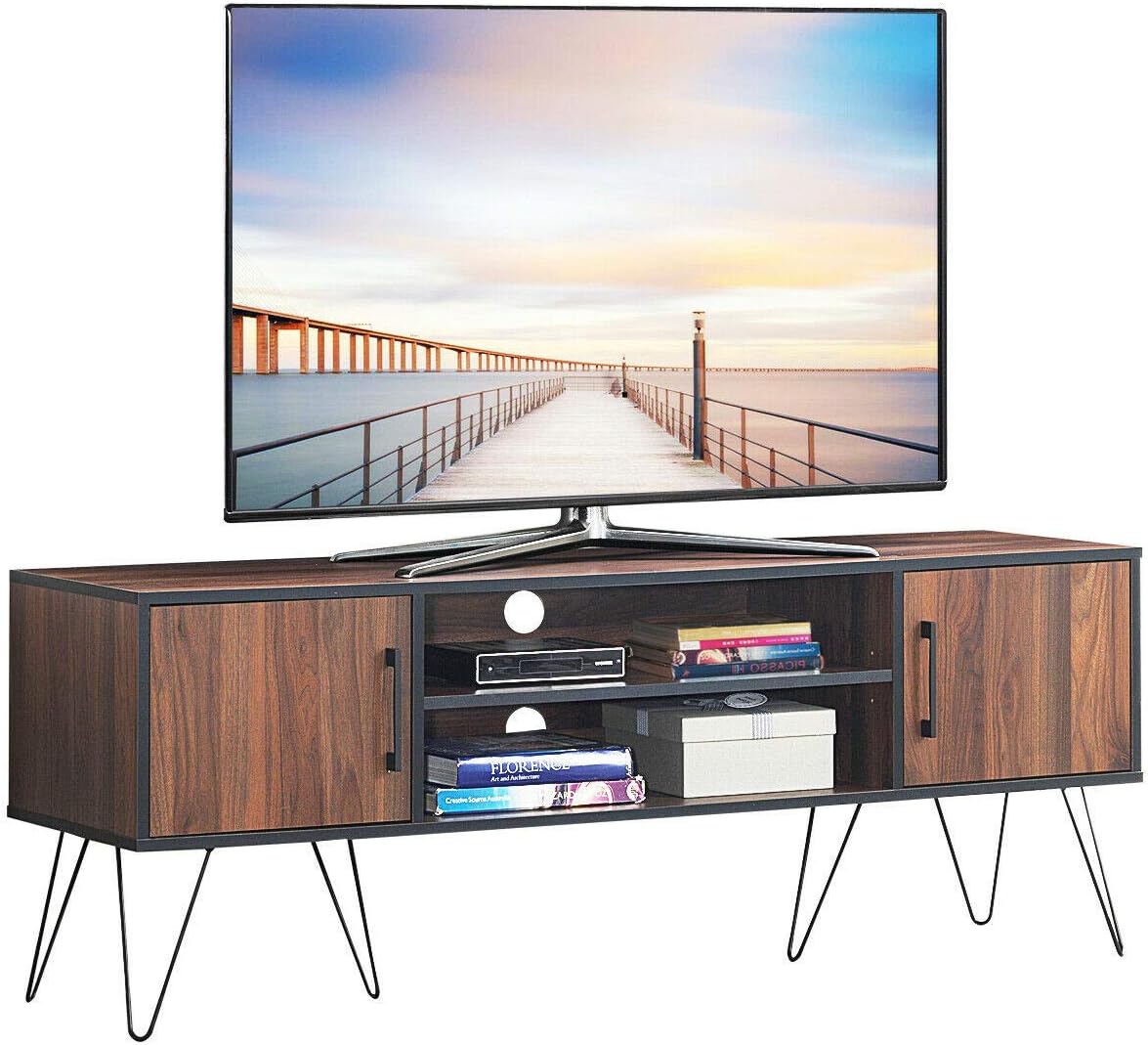 Multi-Function Book Shelf Console Storage 60'' TV Stand Media Center Storage Cabinet with Metal Leg, Media Entertainment Center Display Comfortable Height Positioning Home Decor Luxurious