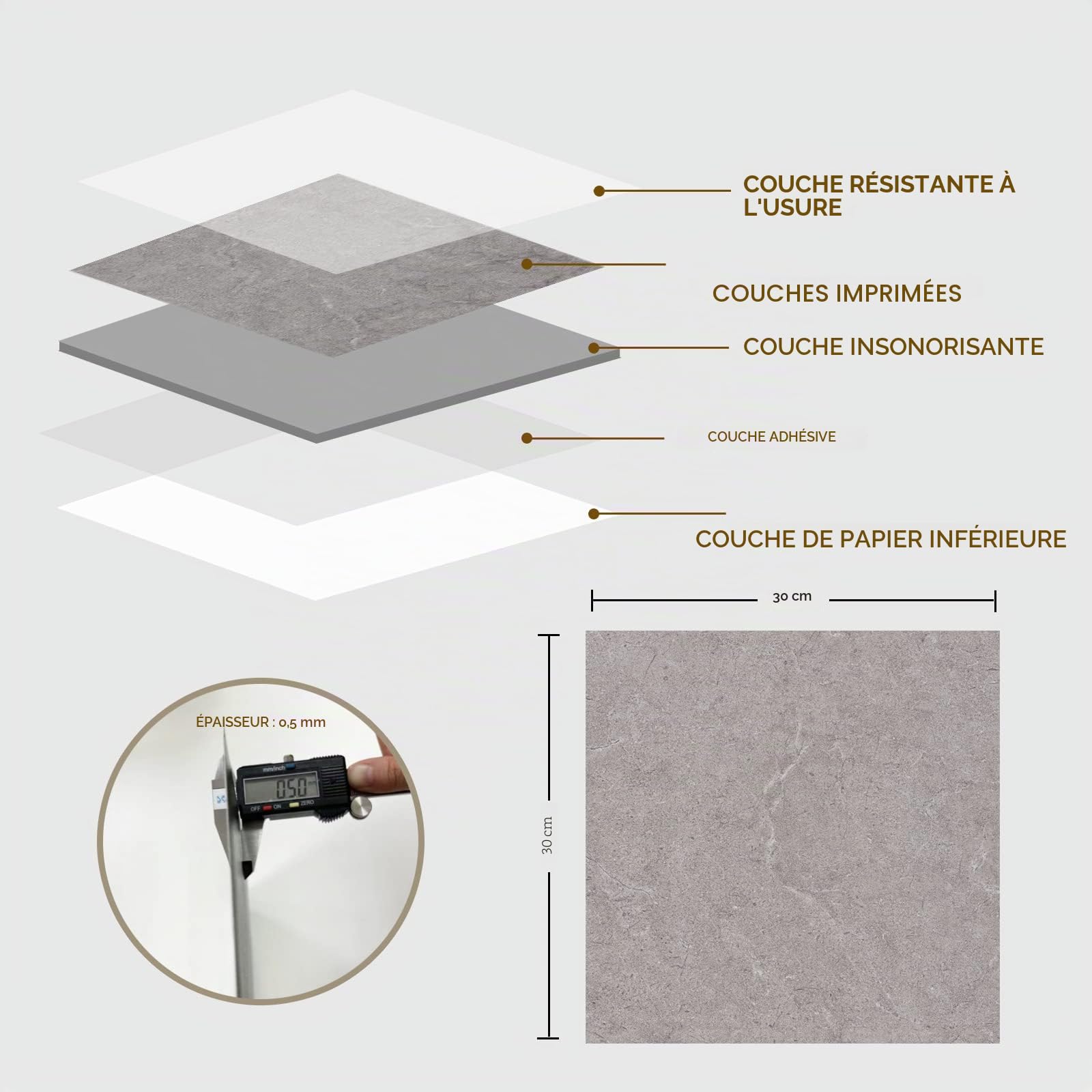 Lot de 50 revêtements de sol en PVC autocollants - Gris marbre - 30 x 30 cm - Aspect carrelage - Pour porte d'entrée, salon, cuisine, balcon, salle de rangement - 4,5 m²