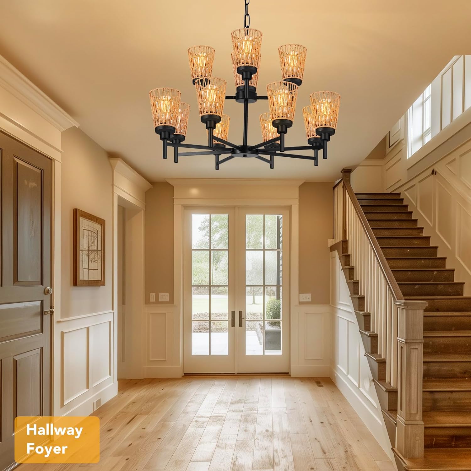 Boho Rattan Chandelier 12-Lights 2-Tier Large Black Farmhouse Chandelier with Hand Woven Fabric Shade Adjustable Rusti Wicker Pendant Lights for Dining Room Villa Kitchen Island Dining Living Room