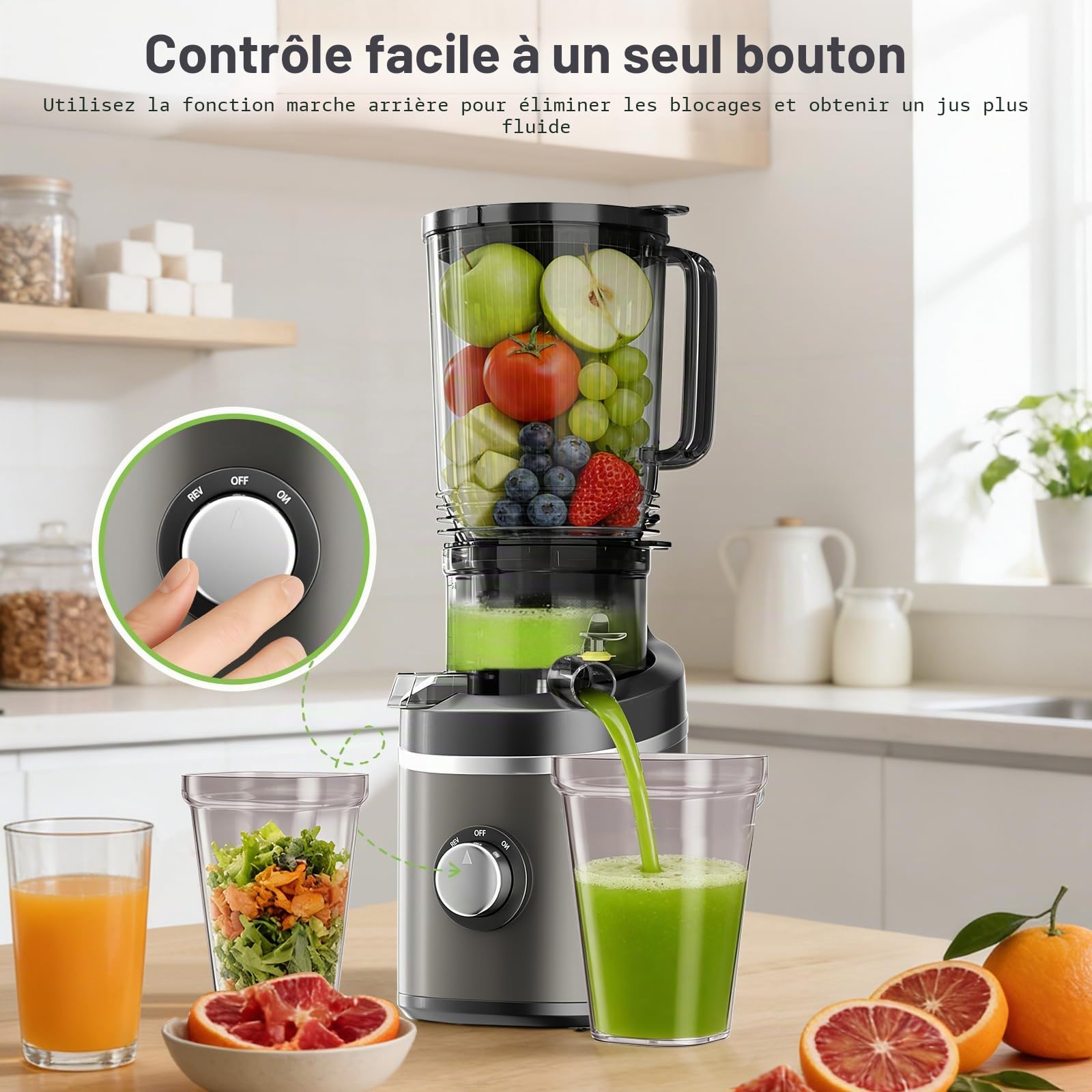 Extracteur de jus 250W 2,3 L à pression à froid, pour fruits et légumes entiers, 65 tr/min, avec goulotte d'alimentation de 12 cm, Extracteur de jus de fruits et légumes