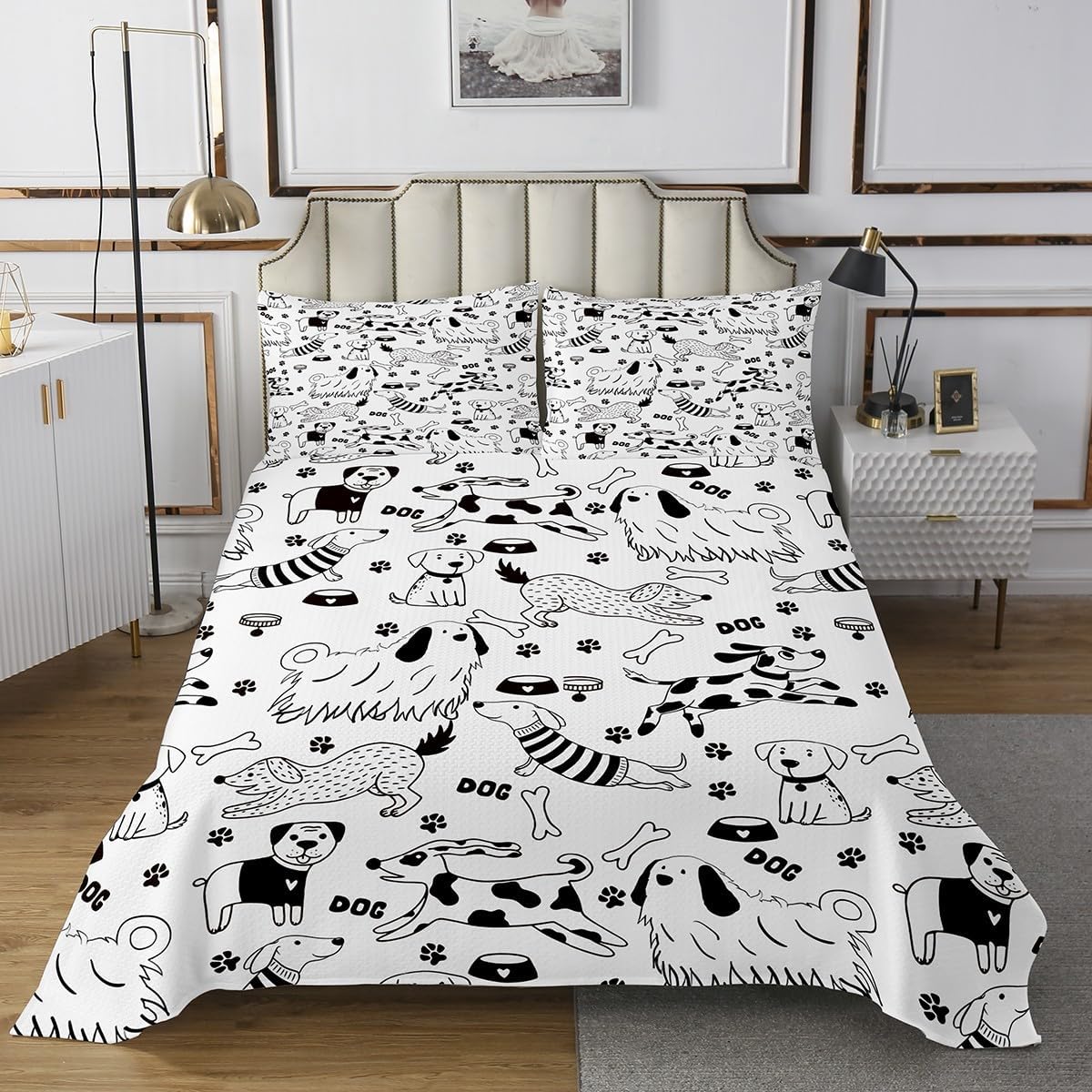 Manfei Animal Paws Bedspread King,Lovely Black and White Doggy Quilted Coverlet 3pcs for Adults Teens Room Decor,Cartoon Dog Soft Breathable Bedding Quilt