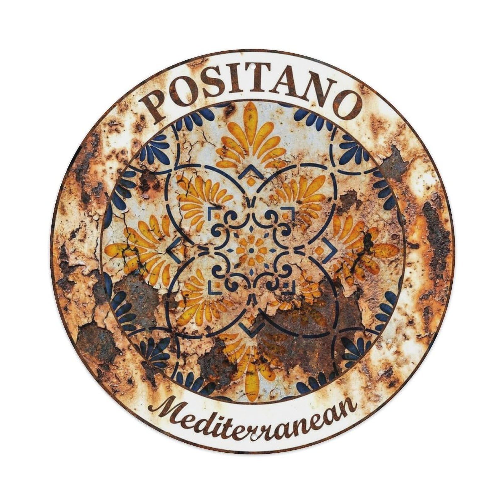 Mediterranean Positano Italian Emblem Vintage Coastal Metal Tin Sign Plaque Wall Decor for Cafe, Man Cave, Club Bar, Office, Home Garden Round Metal Poster 8x8Inch