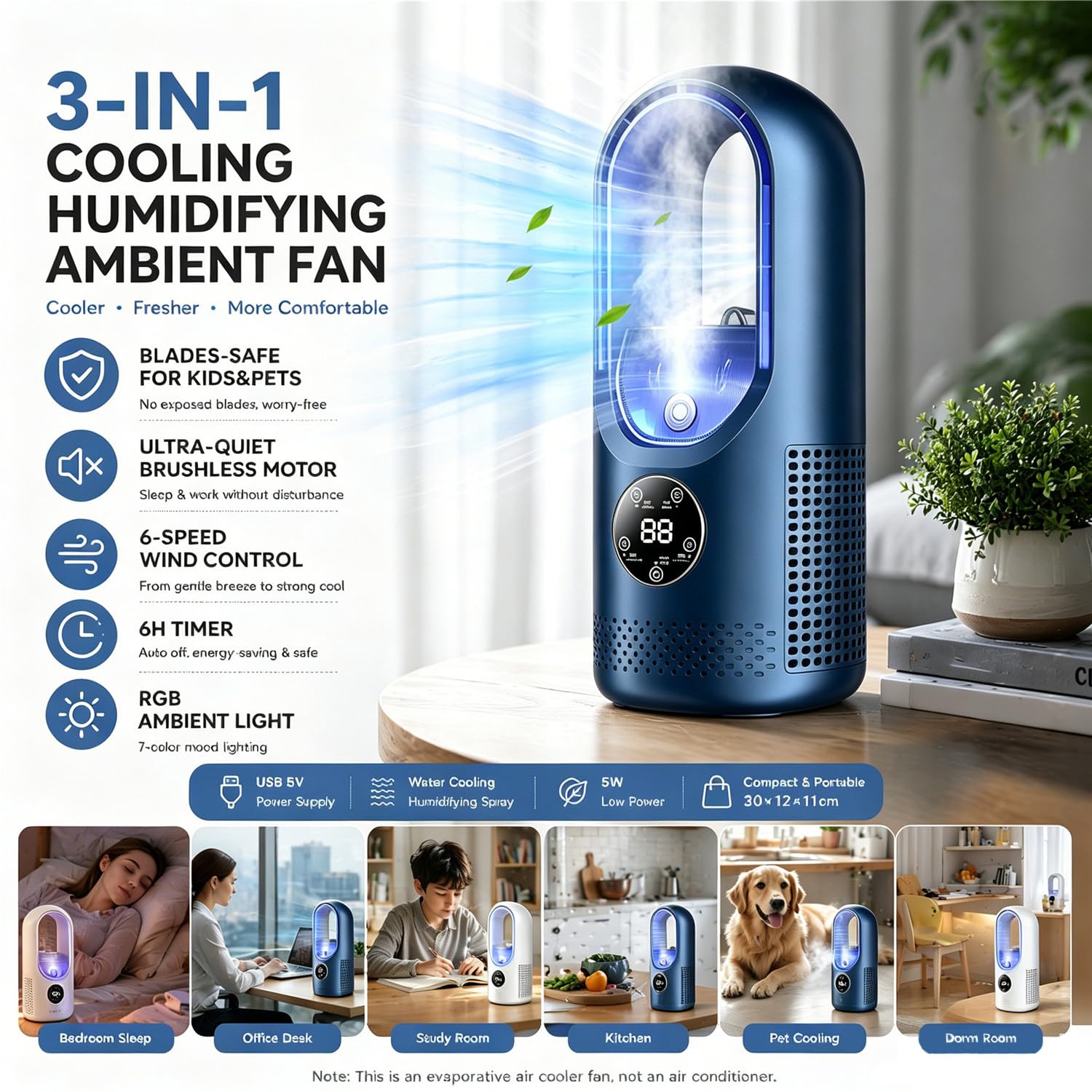 Ventilatore condizionatore portatile, mini condizionatore silenzioso senza pale con 6 velocità del vento e timer 1-6H, umidificatore, alimentato tramite USB, unità mini AC a risparmio energetico, da