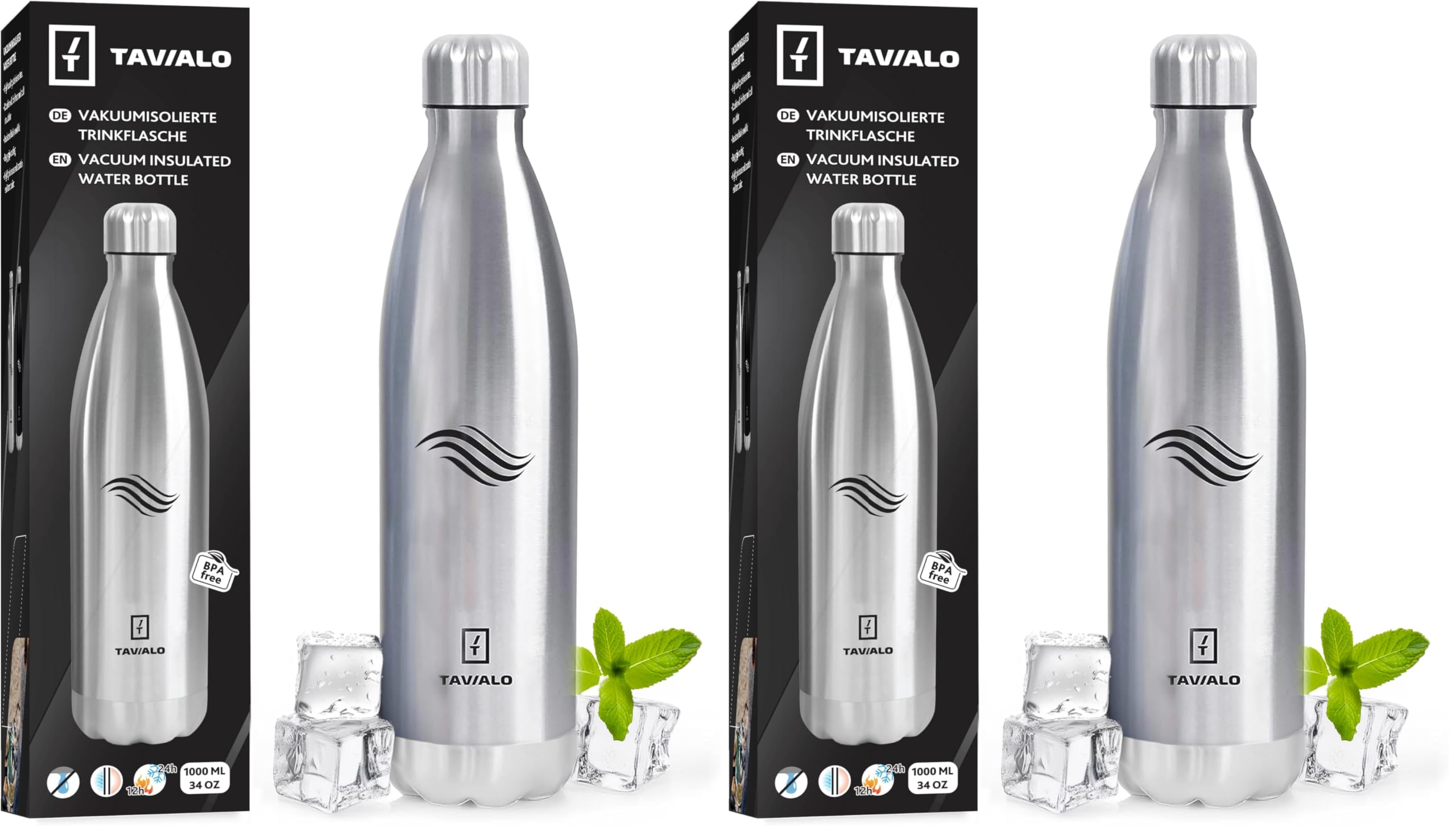 Gourde Isotherme Acier Inox 500/750/1000 ml – 24h Froid 12h Chaud | Bouteille Réutilisable Sans BPA Anti-Fuite | Bouteille Sport Voyage Bureau (Lot de 2)