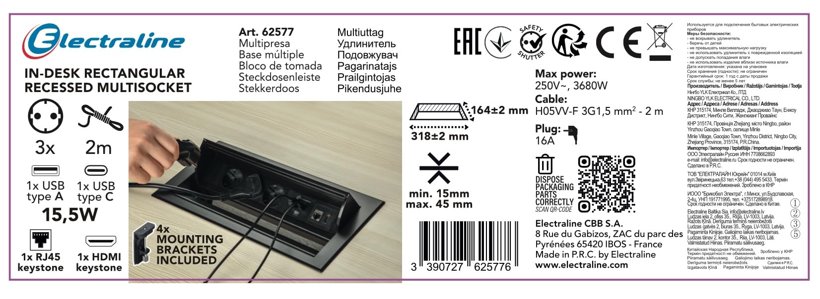 Electraline 62577 Mehrfachsteckdose Pop-up für Schreibtisch/Tisch Unterputzdose 3 Schuko-Steckdosen + 2 USB 3.1 A (1 Typ A + 1 Typ C) 15,5 W + 1 HDMI-Steckdose + 1 RJ45 Stecker Kabel 2M