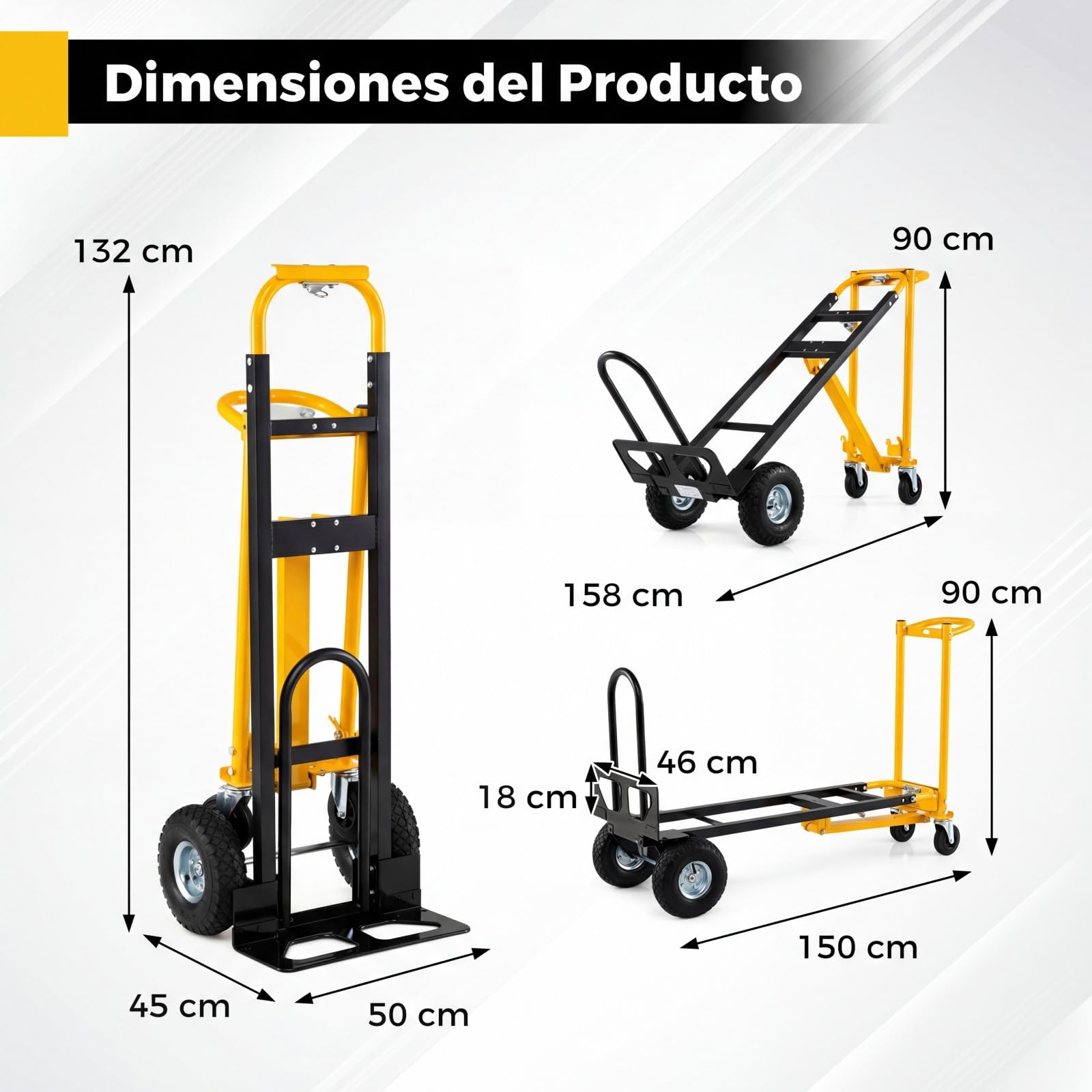 COSTWAY Carretilla Plegable 3 en 1, Carretilla con Rueda de Goma de Carga 136 kg, Carrito Plataforma en Modo de 4 o 2 Ruedas y Asa Ergonómica, Carro para Transporte y Mudanzas en Oficina y Almacén