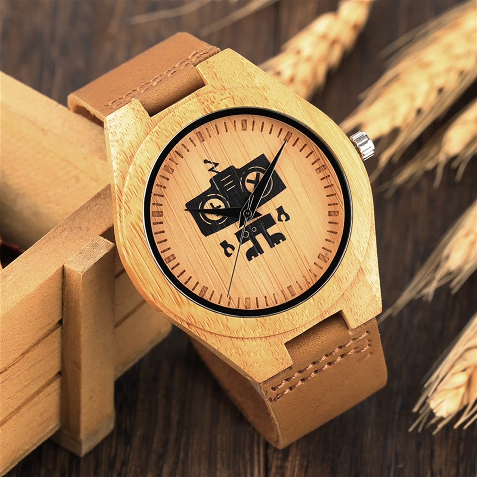 Carino Black Robot Design Design Mens Orologi di Legno Naturale analogico Semplice Orologio da Polso al Quarzo Orologio in Legno Orologio for Gli Uomini Uomo Orologi da Polso