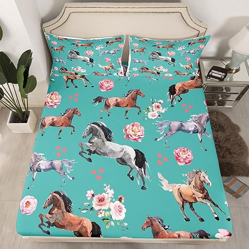 Sábanas de cama de caballo para vaquera, sábana bajera ajustable de pétalos de rosa del suroeste para adultos jóvenes, juego de ropa de cama rústico
