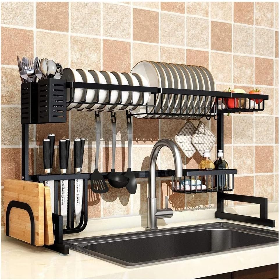 Dish Drying Rack Over Sink, Drainer Shelf For Kitchen Supplies Storage Counter Organizer Utensils Holder Stainless Steel Display- Kitchen Space Save Must Have