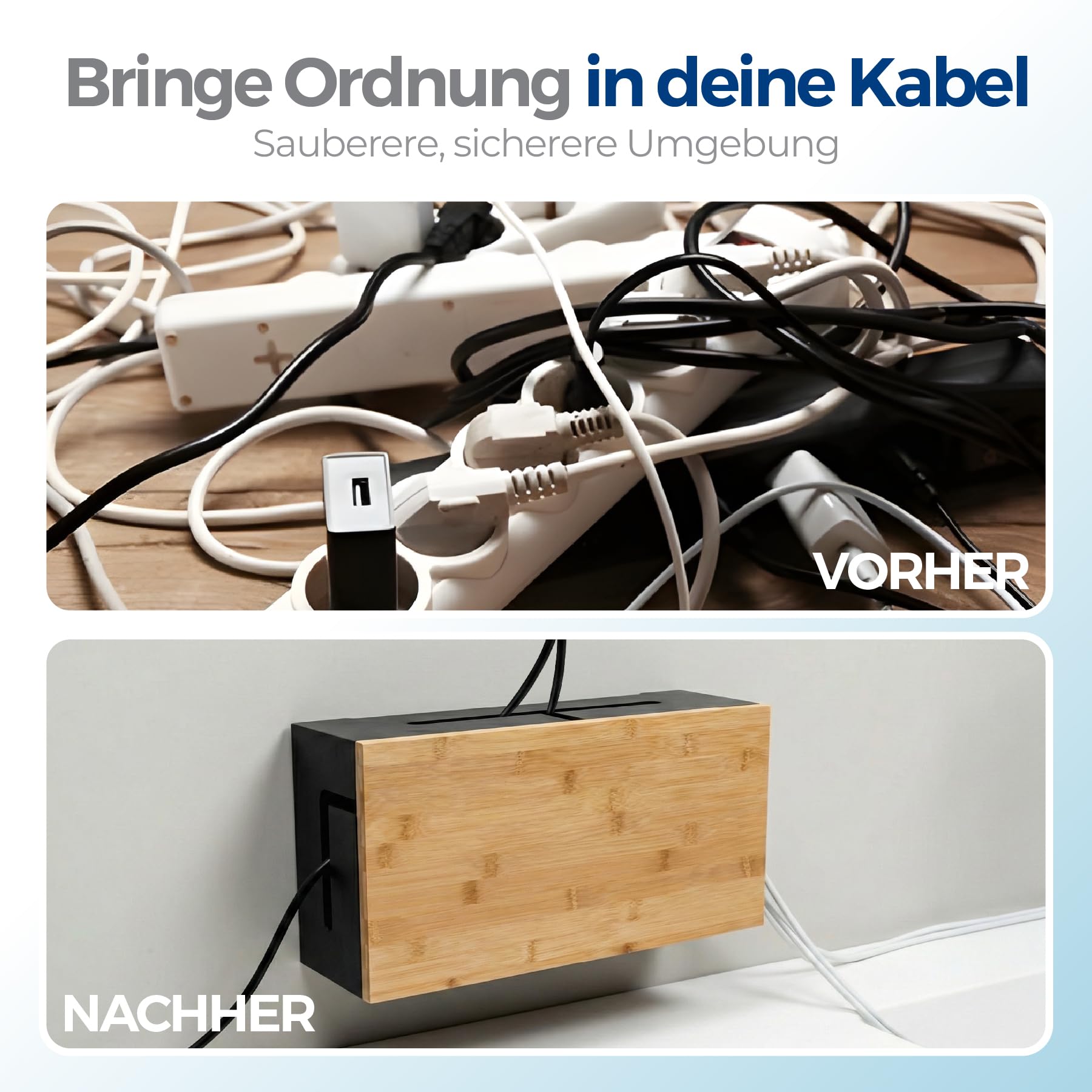 Kabelmanagement Box aus Bambus 41×20×11 cm – Magnetischer Deckel – Kabel Organizer für Schreibtisch & TV – Kabelbox zur Kabelaufbewahrung – inkl. Montagematerial für Wandbefestigung (Schwarz L)