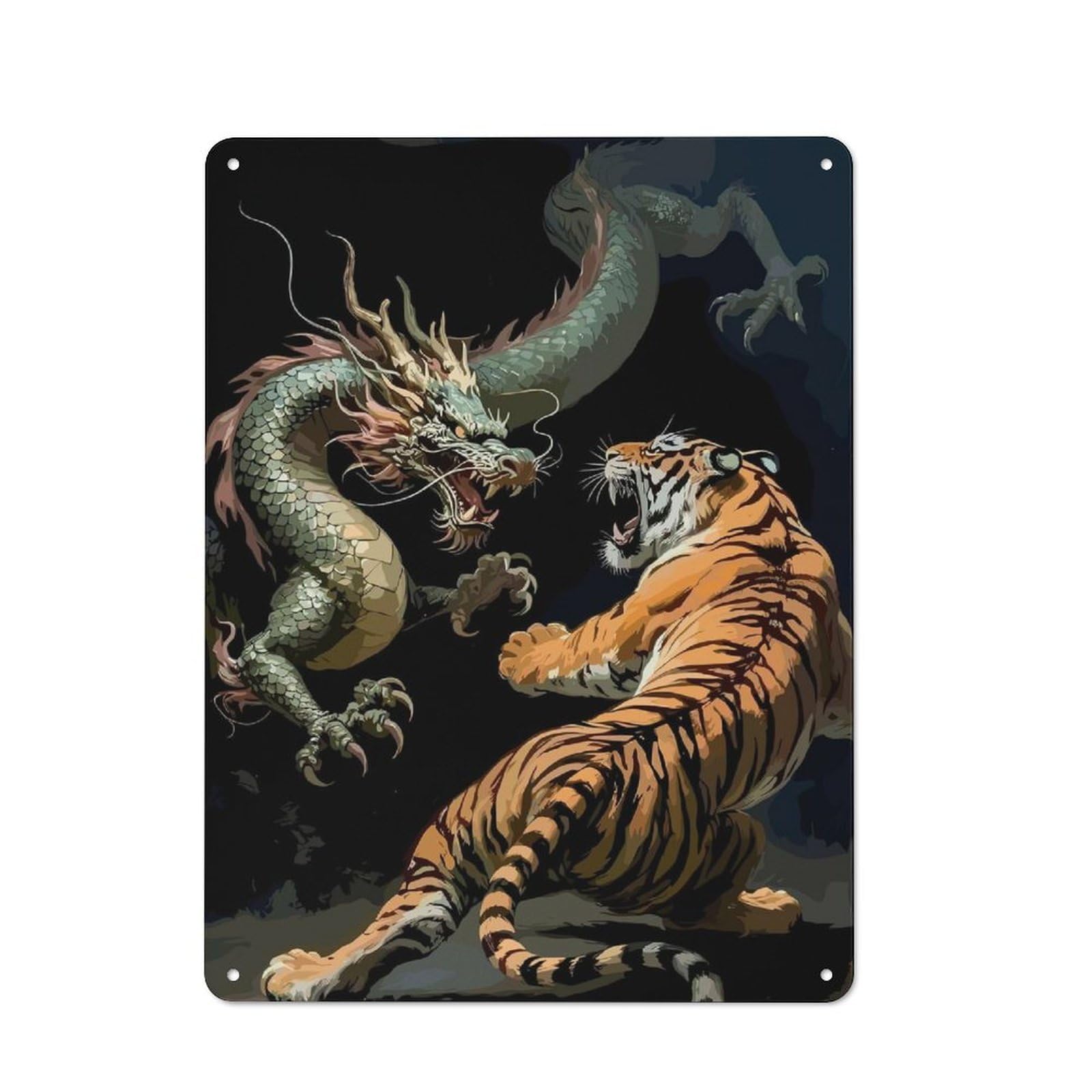 Junmoney Dragon And Tiger Confrontation Decorative Metal Plaque With Design 40X30cm, Vintage Porch Wall Decor For Shed, Garden Room, Porch Or Garage