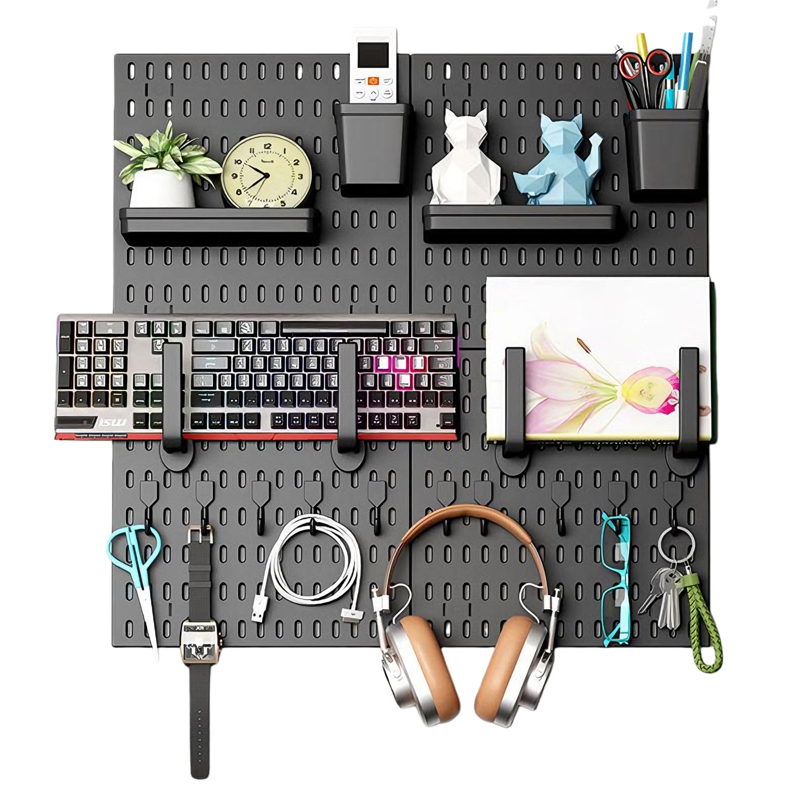 Pegboard Stecktafel Set mit 18 Zubehör, Wand Organizer Schwarz | 4 Stecktafeln 30x30 cm, flexibel kombinierbar, für Büro, Gaming Setup und Schreibtisch Organisation
