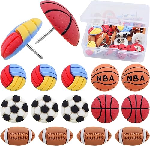 30 pines de presión decorativos de resina para fútbol, baloncesto, béisbol, rugby, tachuelas para pulgares con una caja para tablón de anuncios,