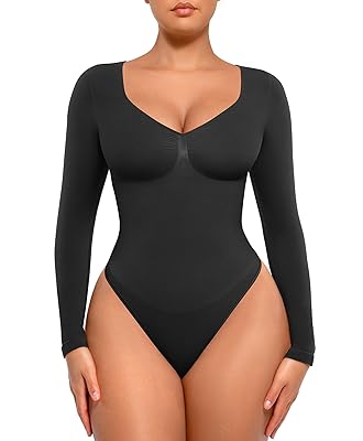 FeelinGirl Women's Long Sleeve Shapewear Bodysuit for Tummy Control Seamless Body Suits Thong V Neck Going Out Tops