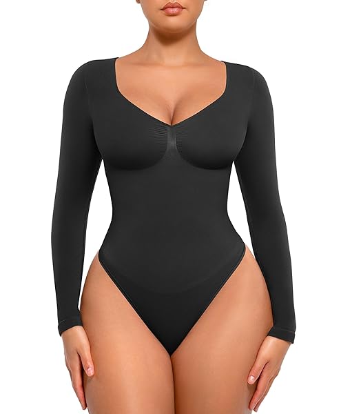 FeelinGirl Women's Long Sleeve Shapewear Bodysuit for Tummy Control Seamless Body Suits Thong V Neck Going Out Tops