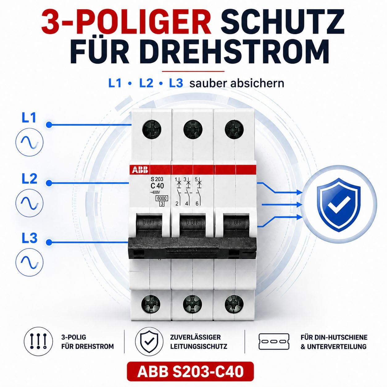 ABB S203-C40 Leitungsschutzschalter 3-polig C40A 6kA, Sicherungsautomat Drehstrom 400V, LS-Schalter für Hutschiene, Leitungsschutzschalter 40A, System pro M compact, DIN EN 60898-1