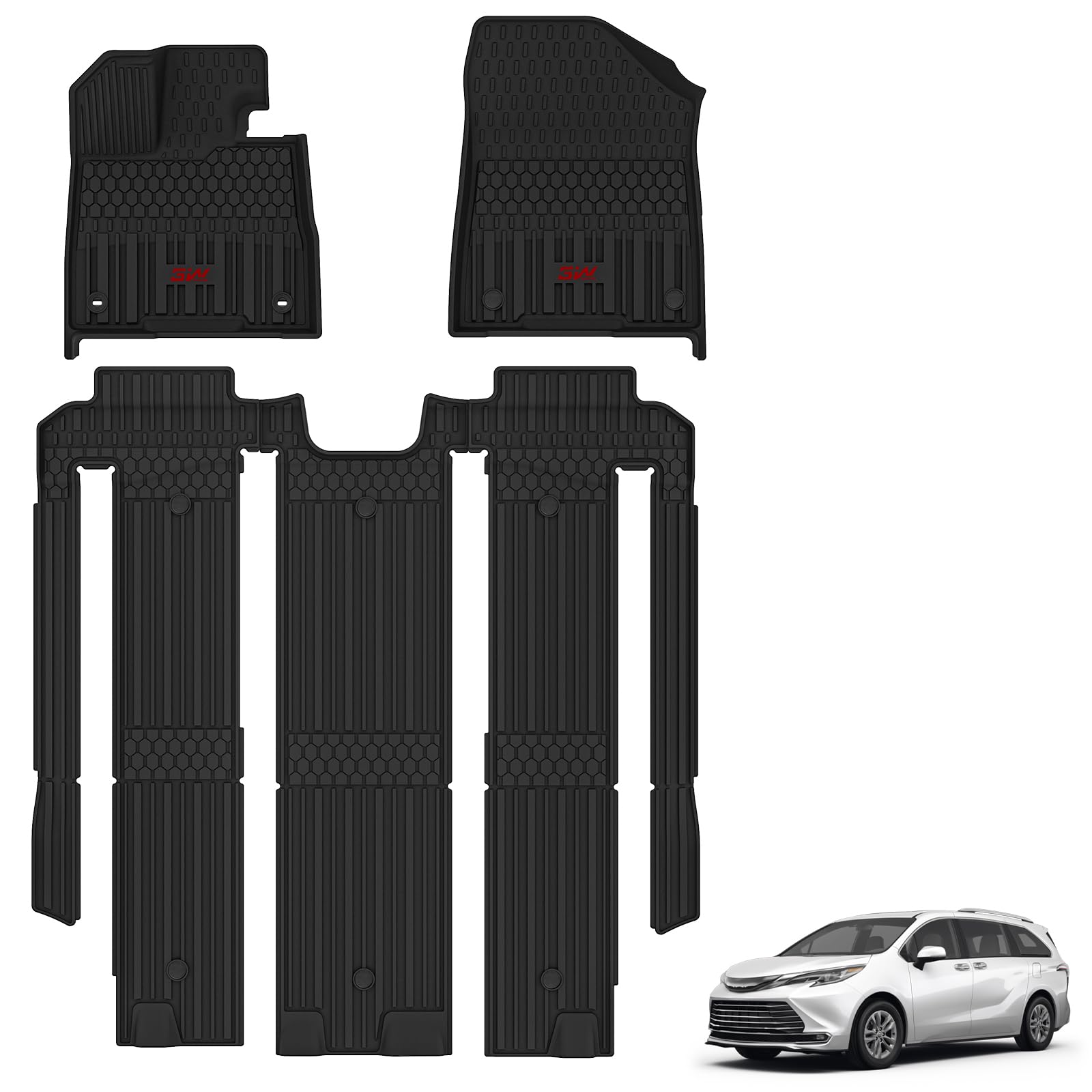 Photo 1 of 3W Floor Mats Fit Toyota Sienna 2021-2026(Only for 7 Seat), TPE All Weather Custom Fit Floor Liner for Sienna XLE/XSE/Limited/Woodland Edition 1-3rd Row with Red Accent (Not for Platinum Edition)