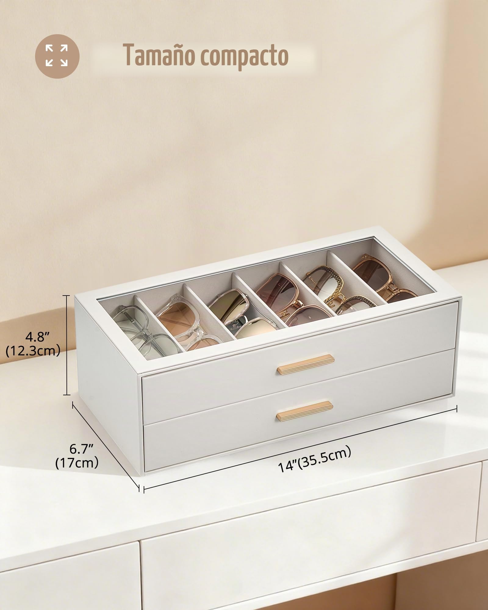 Lolalet 6 Relojes Estuche para gafas de sol para mujer, organizador de gafas con tapa transparente y expositor -Beige
