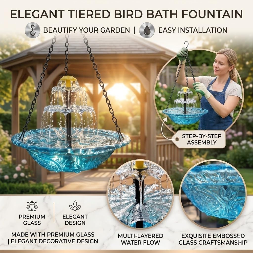 Solar Cascade Hanging Bird Bath Fountain, Solar Powered Hanging Bird Bath with Glass Bowl, Outdoor Hanging Birdbath Water Fountain for Hummingbirds, Garden Patio Yard Decor, Blue (red)