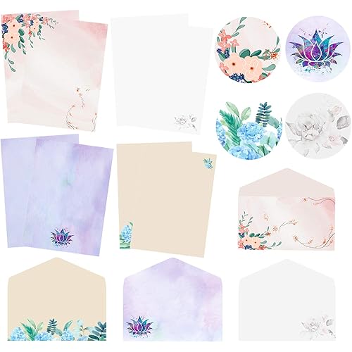 Stationary Writing Paper with Envelopes, Double Sided Printing Floral Letter Writing Paper, 32 Stationary Papers+16 Envelopes, 7.5”x10.4” of Each Stationary Paper