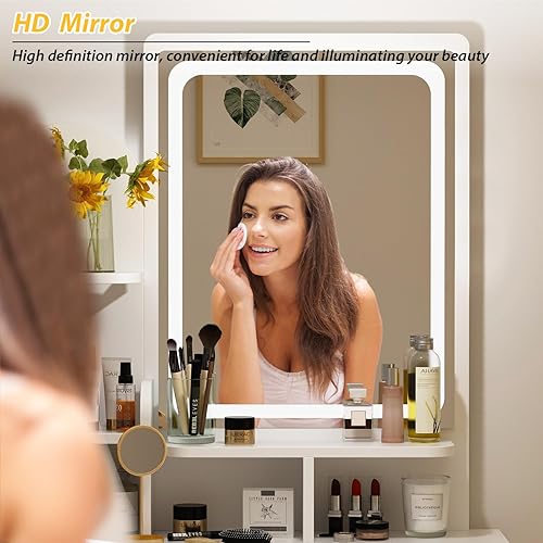 Miniatura 5 de Juego de mesa de tocador con espejo iluminado, mesa de maquillaje con 3 estantes y 5 cajones, mesas de tocador de vestir, escritorio tocador para