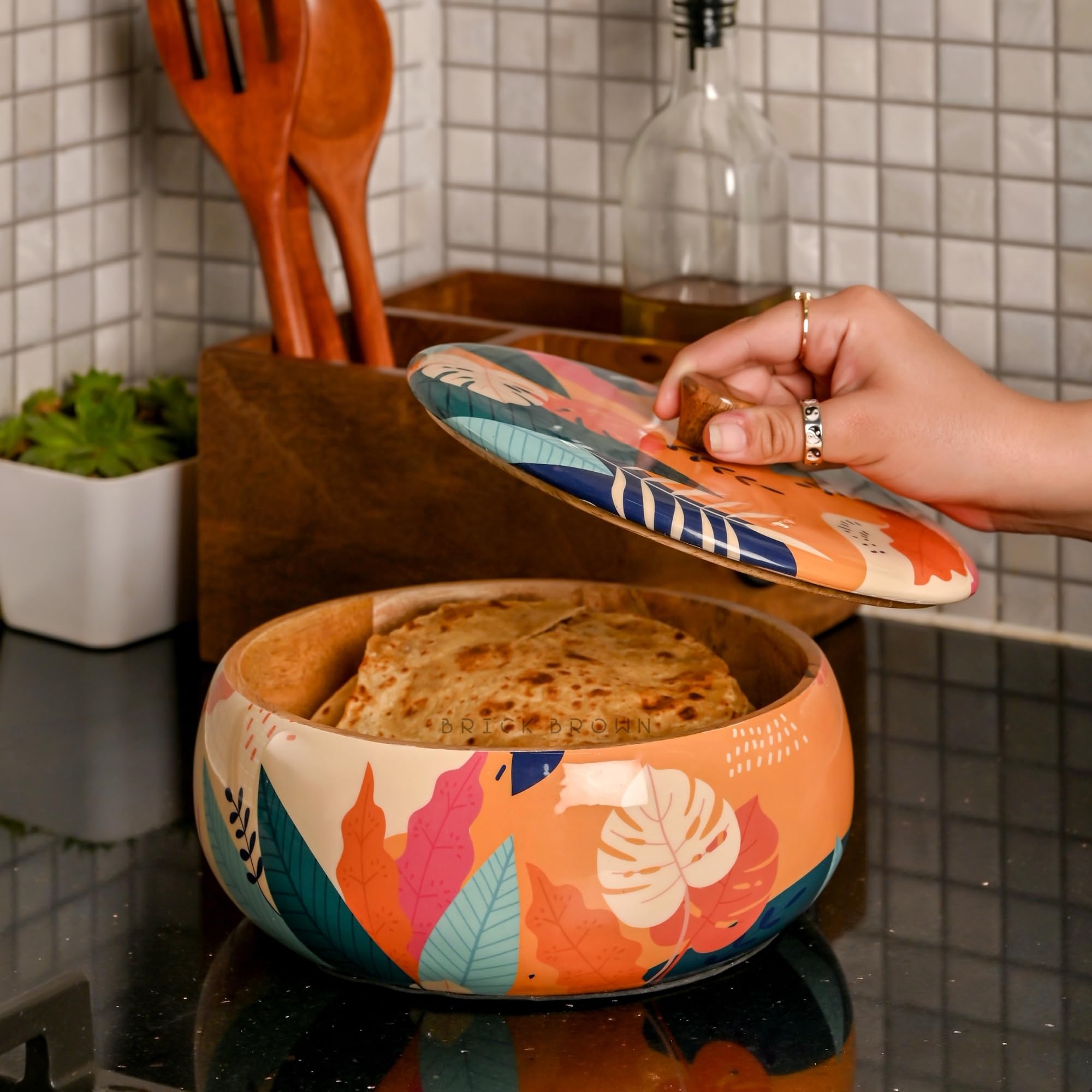 Brick Brown Premium Handcrafted Solid Wood Tropical Casserole For Roti | Round Hot Pot, Roti Dabba With Lid | Casserole For Dininga Nd Kitchen 8.8X8.8X4.3Inch, Orange, 1640 ML 1