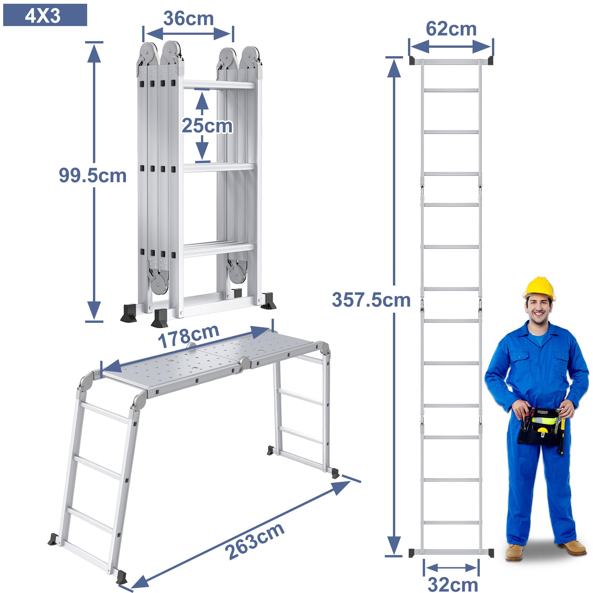 YRHome - Échelle polyvalente 6 en 1, en aluminium, articulée, pliante, échelle à ciseaux, 340 cm, multifonctionnelle, avec plateforme, capacité jusqu'à 150 kg, 4x3 marches, argentée