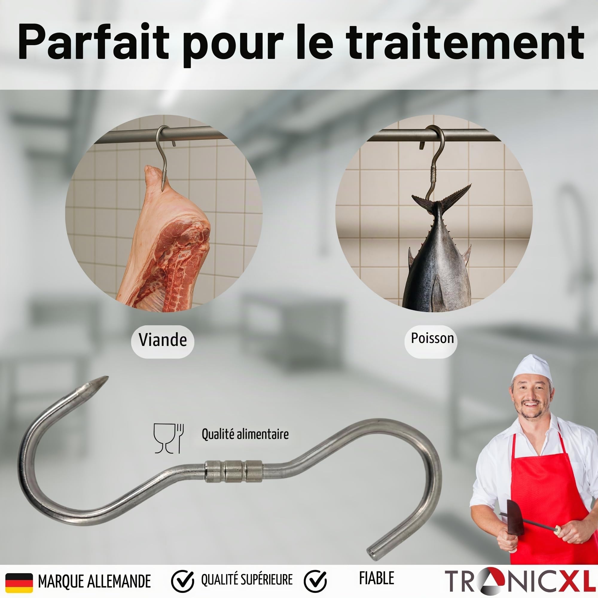 TronicXL Lot de 5 crochets professionnels en S - 260 x 10 mm - Crochets rotatifs en acier inoxydable - Crochets à viande pivotants pour suspendre des saucisses, parme, jambon, sanglier