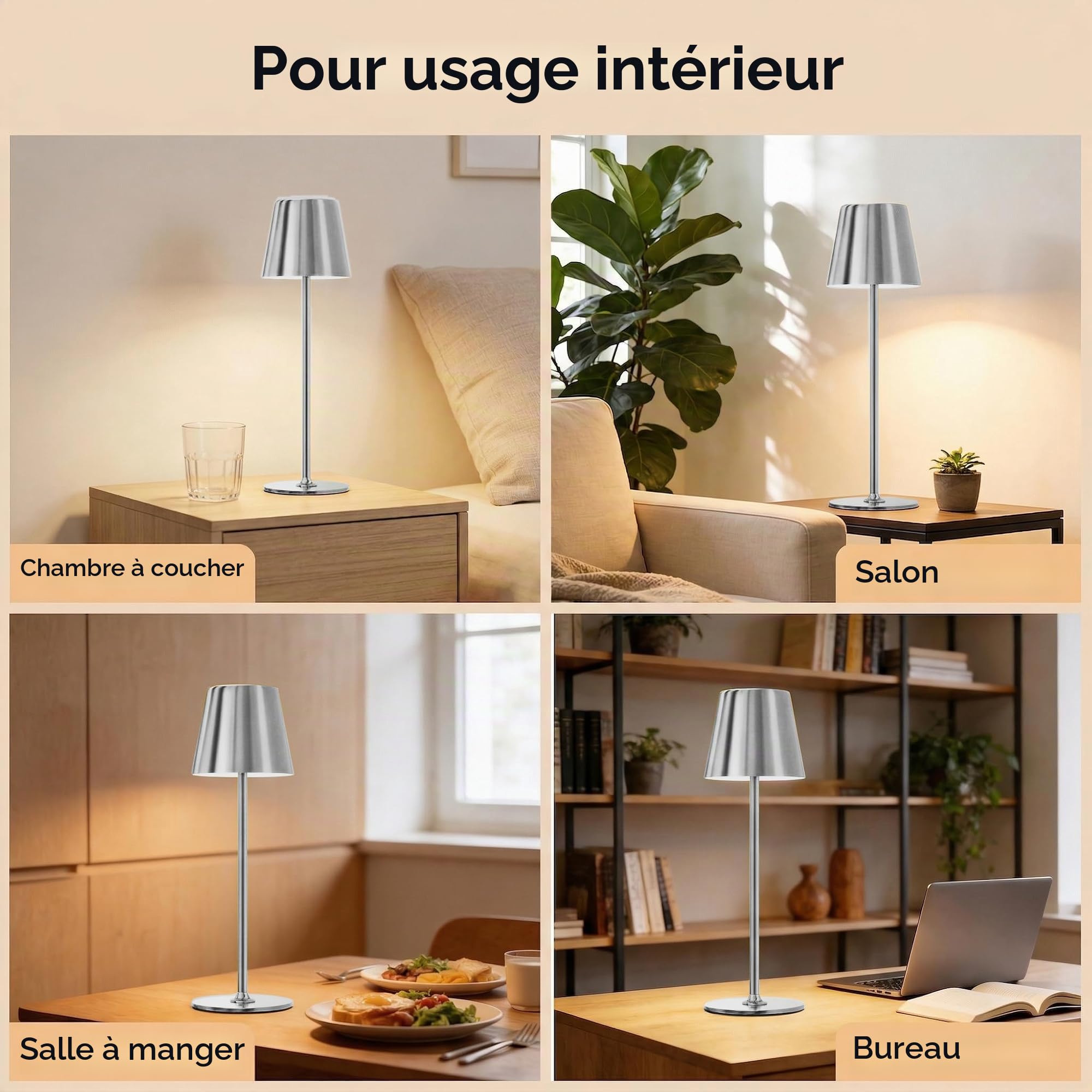Lot de 2 Lampes de Table Sans Fil en Métal, Intérieur et Extérieur